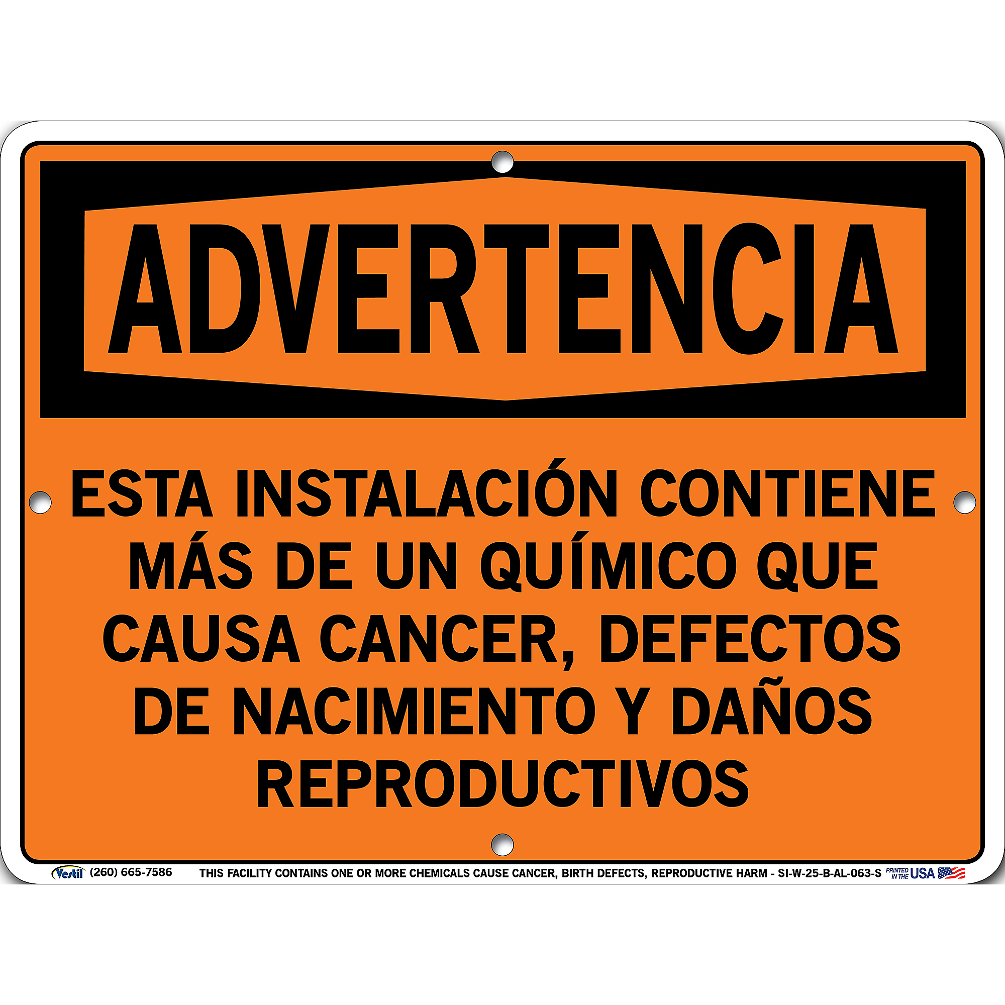 Vestil, Warning Sign (Spanish/Espanol) - Aluminum, Sign Message ESTA INSTALACIÓN CONTIENE MÁS DE UN QUÍMICO QUE C, Height 9.5 in, Width 12.5 in, Model -  SI-W-25-B-AL-063-S