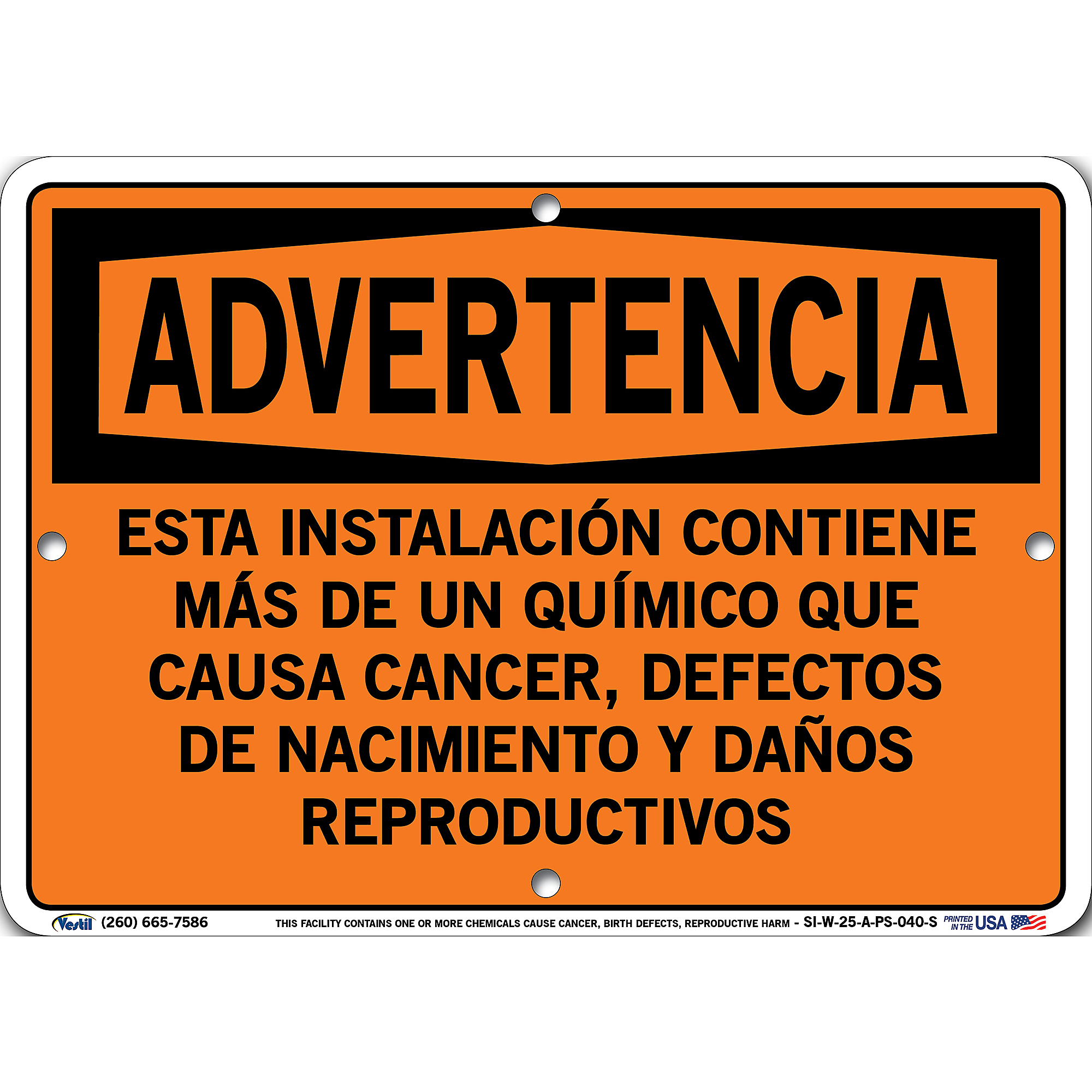 Vestil, Warning Sign (Spanish/Espanol) - Polystyrene, Sign Message ESTA INSTALACIÓN CONTIENE MÁS DE UN QUÍMICO QUE C, Height 7.5 in, Width 10.5 in, -  SI-W-25-A-PS-040-S
