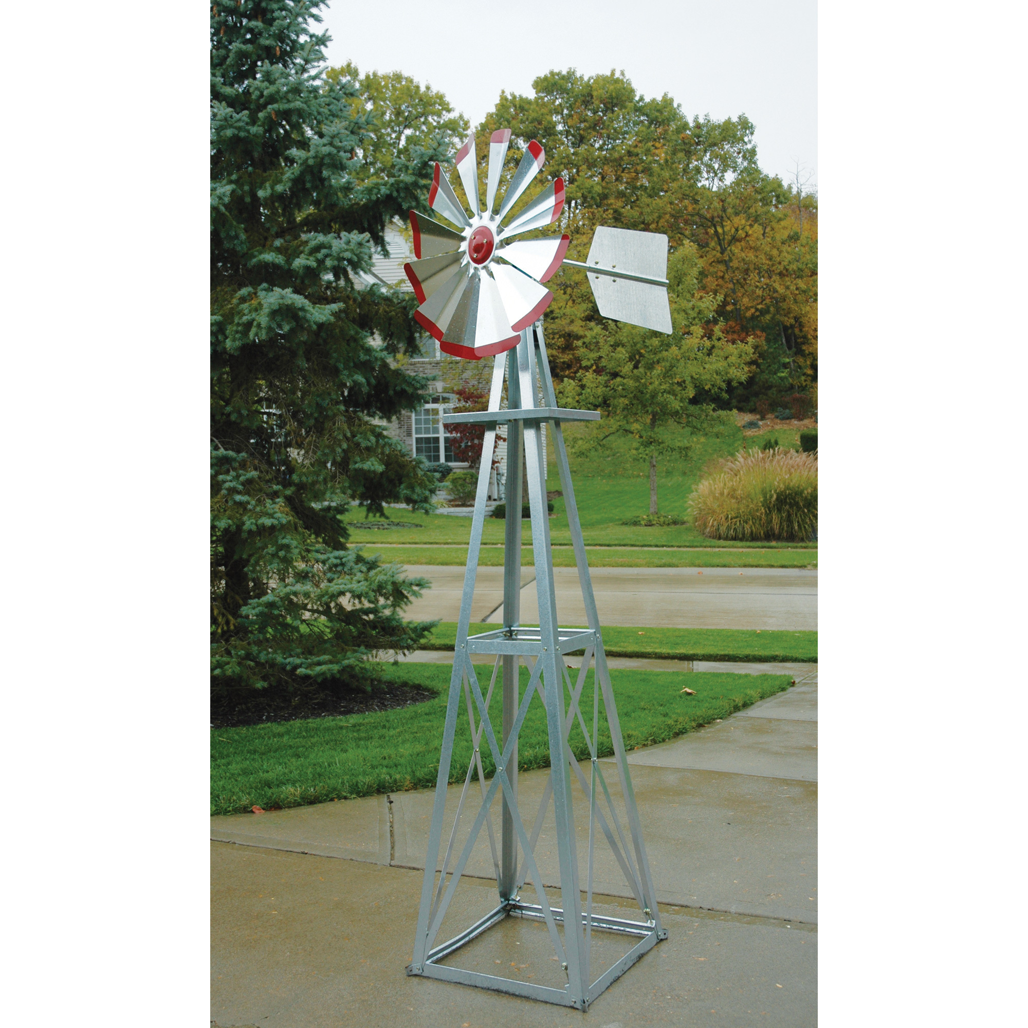Galvanized Steel Ornamental Garden Windmill, 99Inch H, Red Tips, Model BYW0316