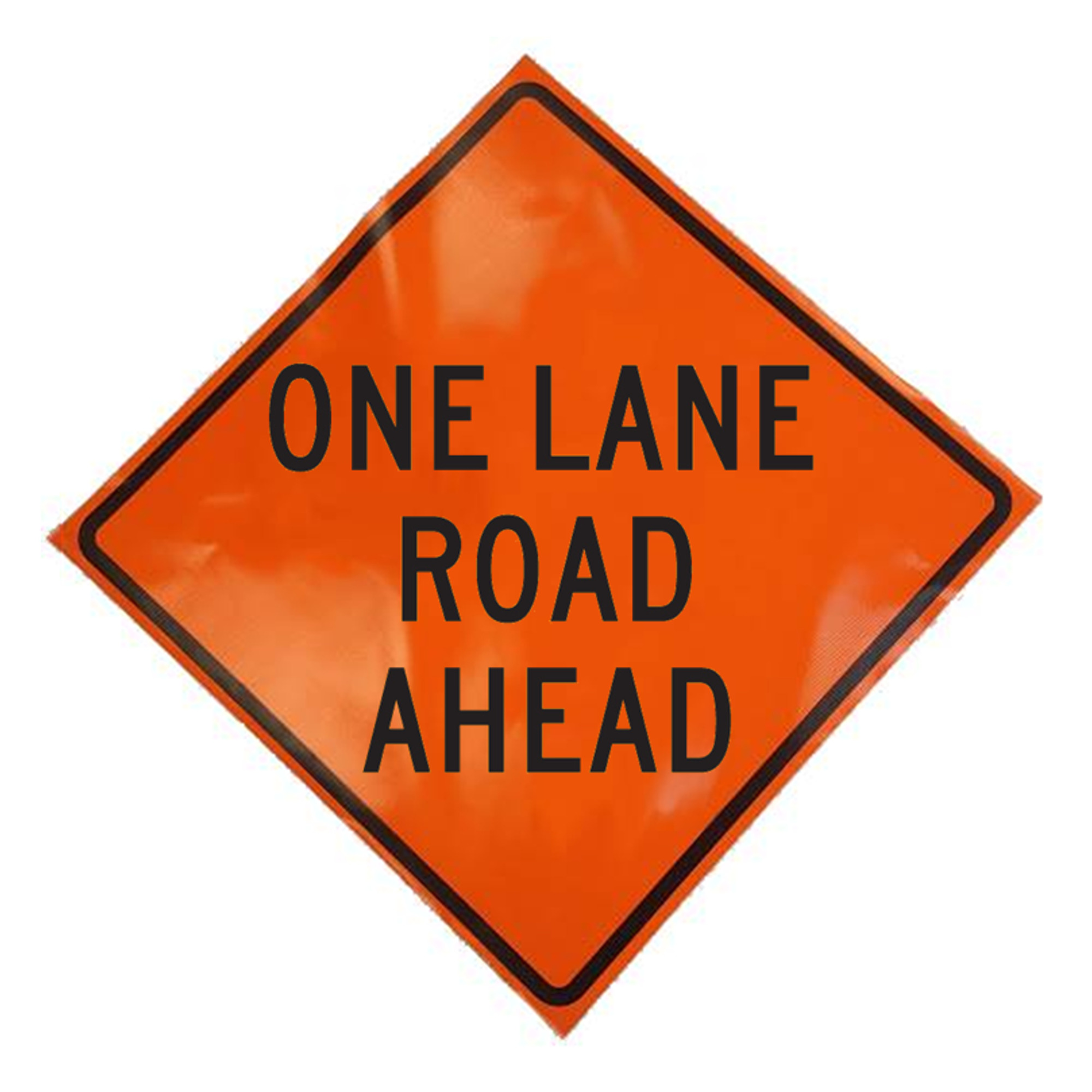 Eastern Metal, Fluorescent Vinyl Roll-up Sign, Sign Message One Lane Road Ahead, Height 48 in, Width 48 in, Model C-48-NRFVO-4LEX-OLRA