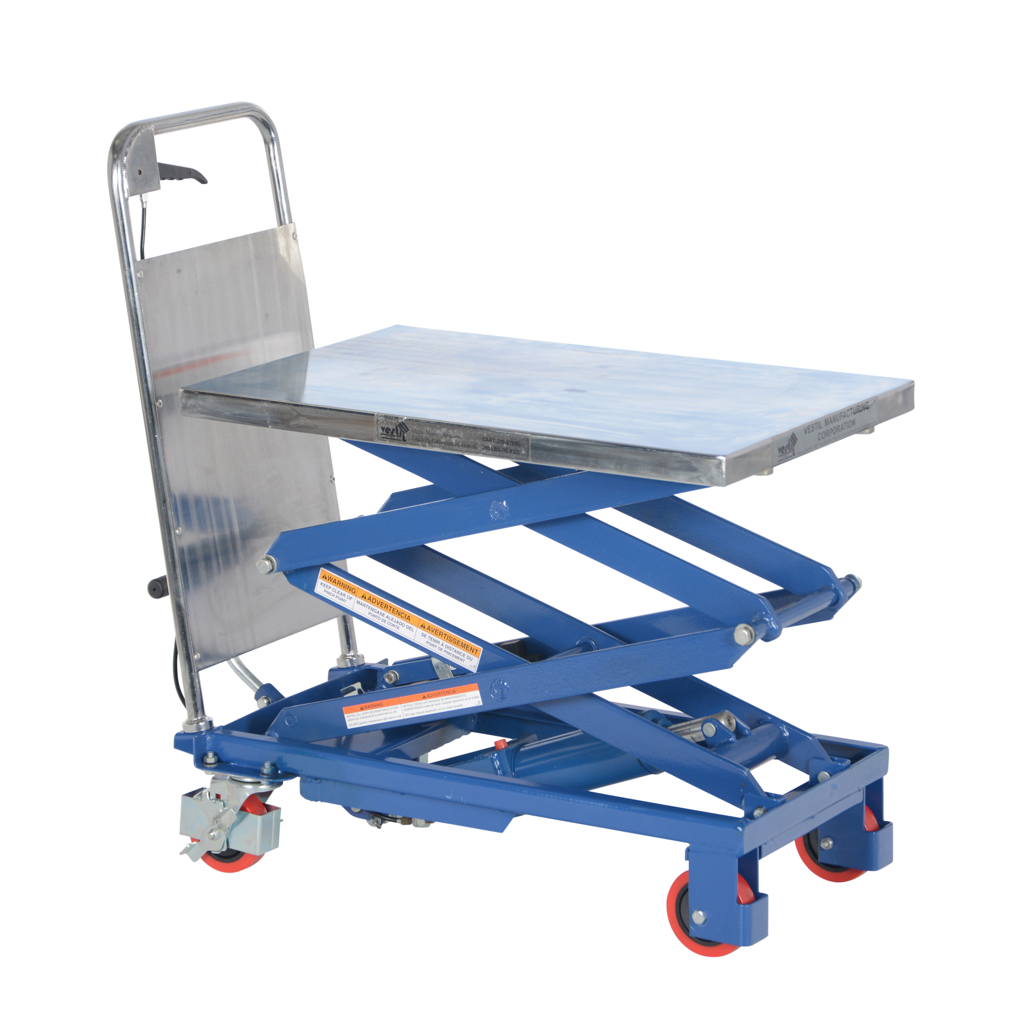 Vestil, Double scissor steel cart with foot pump, Capacity 220 lb, Lowered Height 10 in, Raised Height 51 in, Model CART-200-D