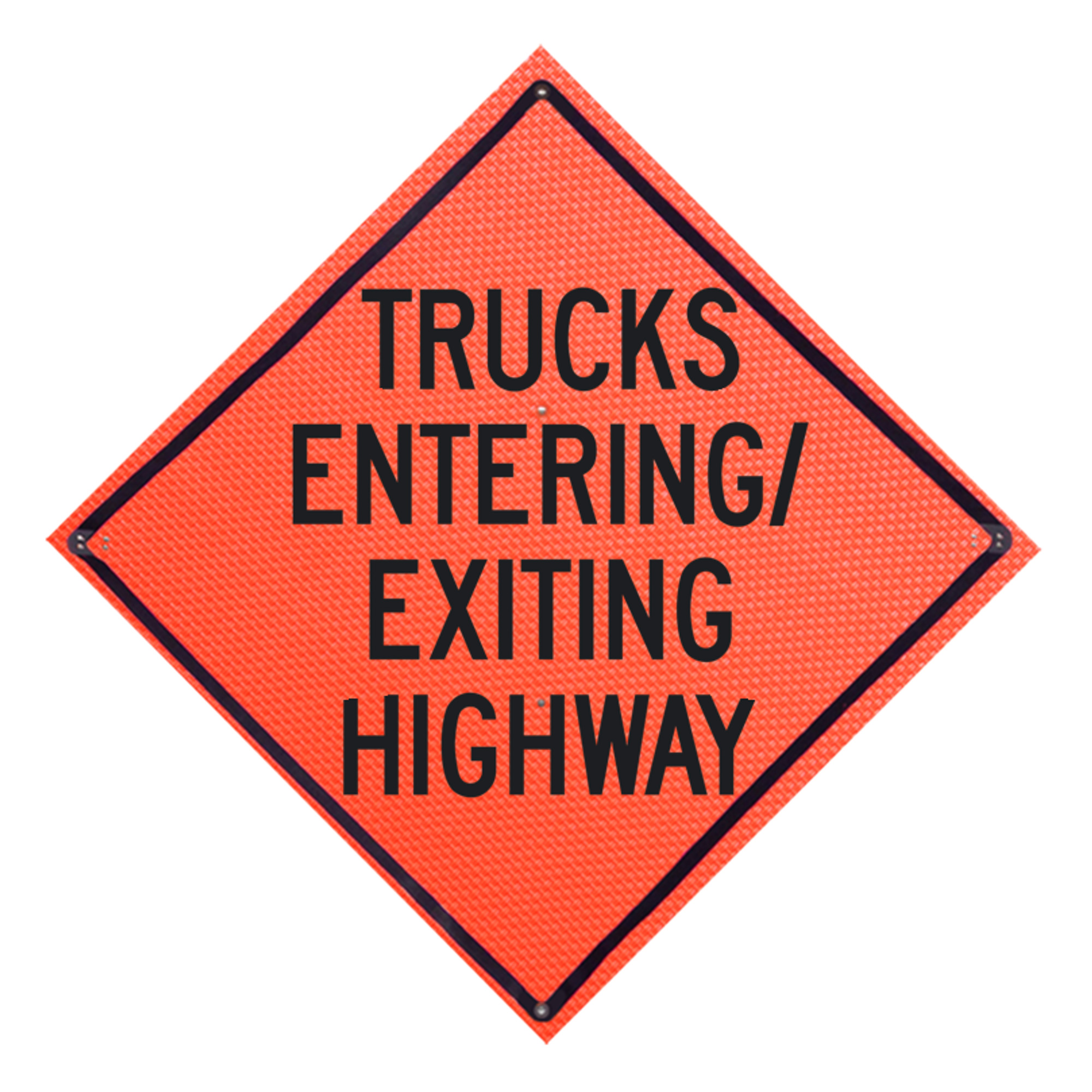 Eastern Metal, Mesh Roll-up Sign, Sign Message TRUCKS ENTERING/EXITING HIGHWAY, Height 36 in, Width 36 in, Model C-36-MO-4LEX-TE/EH