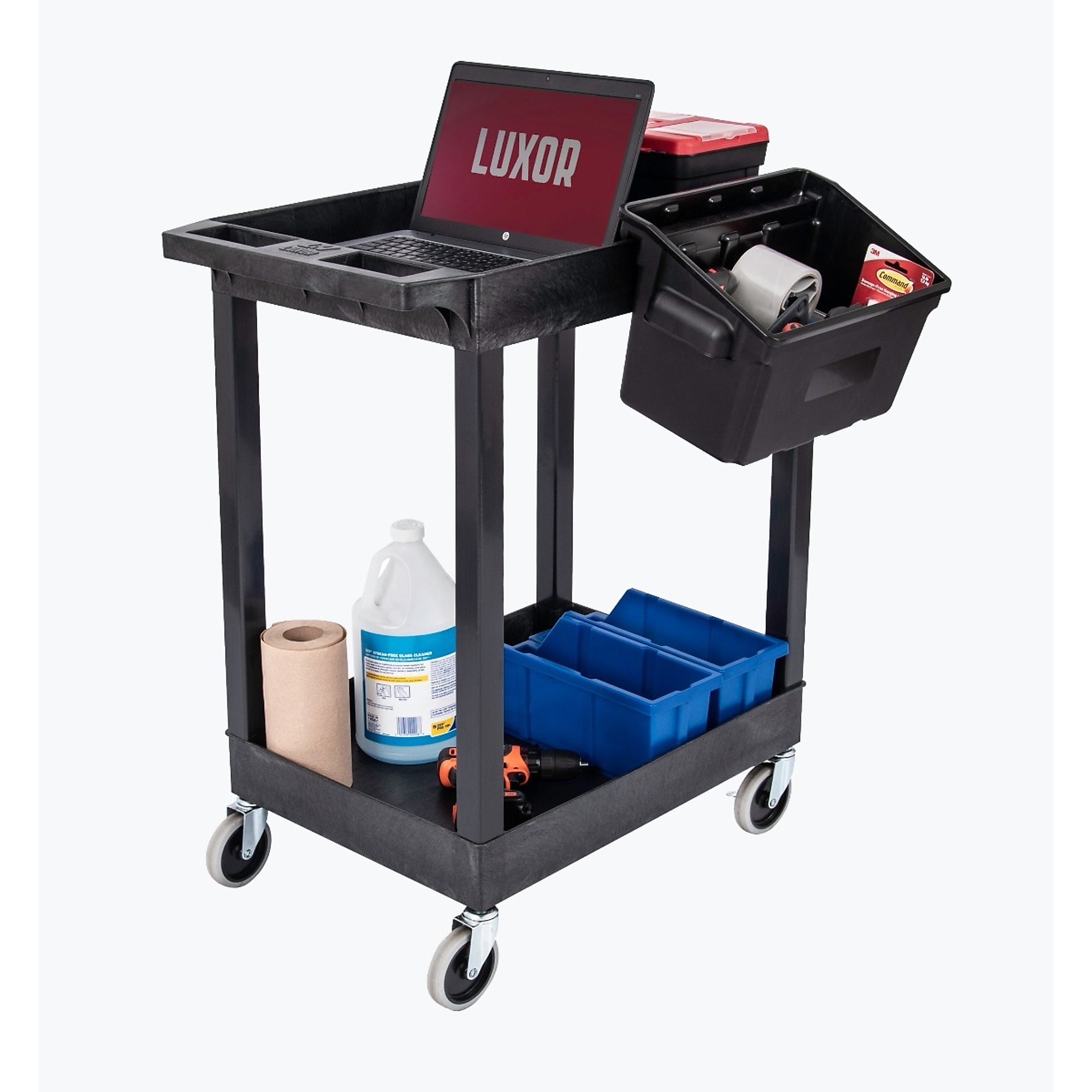 Luxor 24â x 18â two shelf tub cart w utility bins, Total Capacity 500 lb, Model SEC11-B-OUTRIG