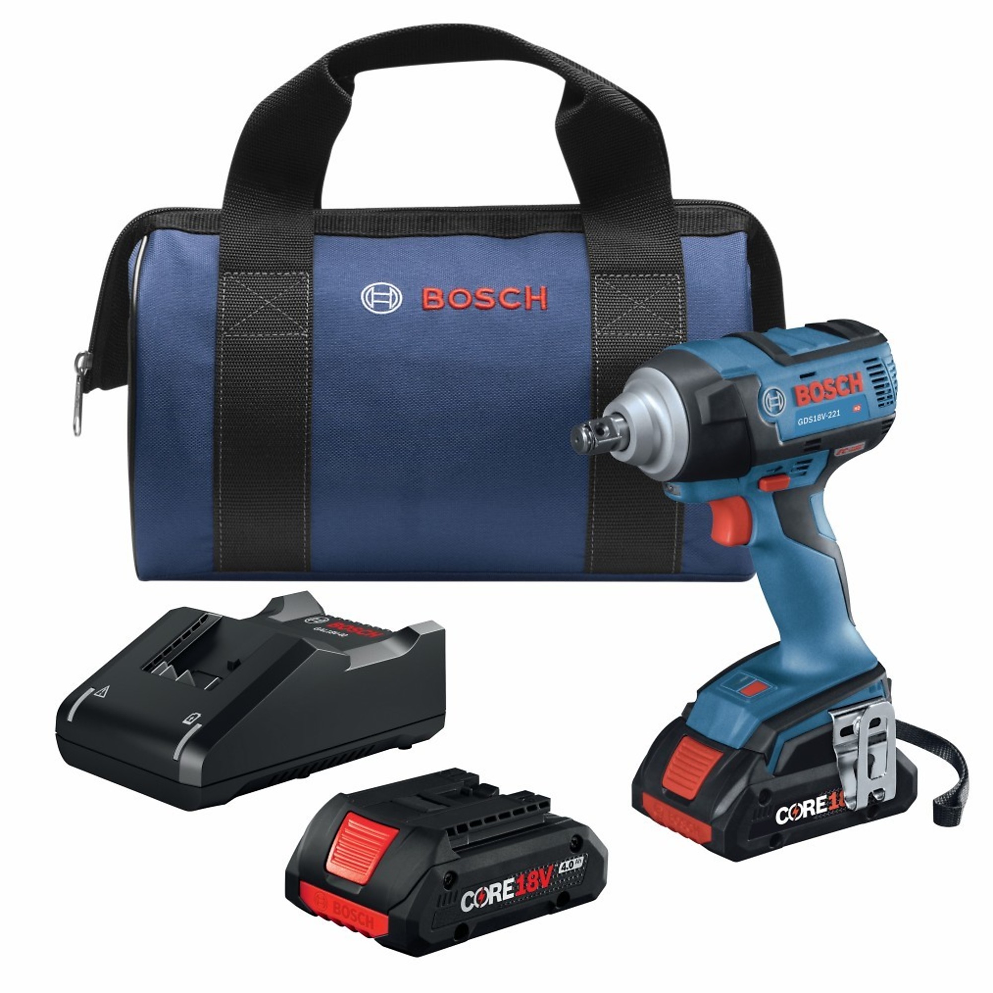 Bosch, 18V 1/2Inch Impact Wrench Kit 2 4.0 Ah Batteries, Drive Size 1/2 in, Volts 18, Battery Type Lithium-ion, Model GDS18V-221B25