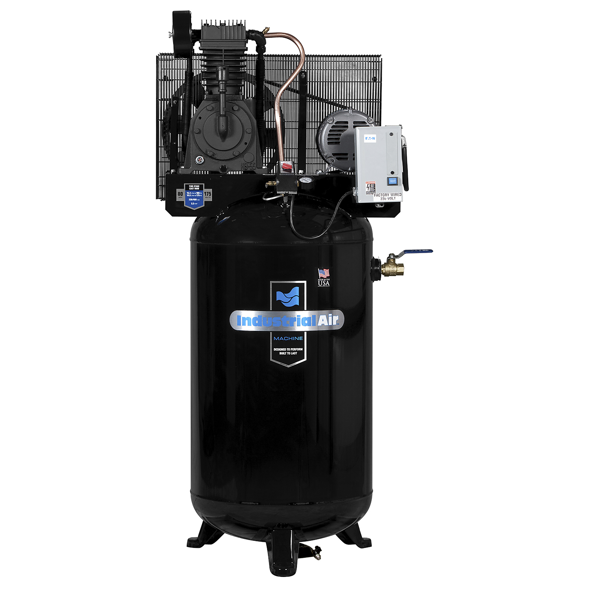 80 Gallon Vertical Two Stage 5 HP 3 Phase, Horsepower 5.5 HP, Air Tank Size 80 Gal, Volts 230, Model - Industrial Air IV5038055