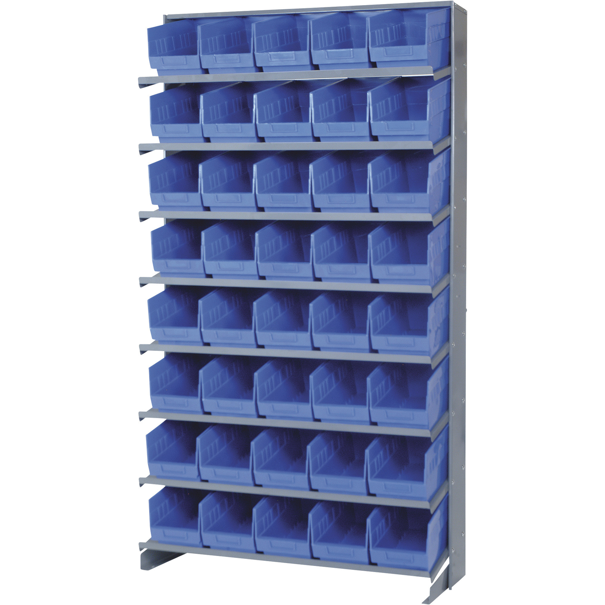 Quantum Storage Store-More Single Side Sloped Shelving Unit With 40 Bins, 36Inch W x 12Inch D x 60Inch H, Blue, Model QPRS-202BL