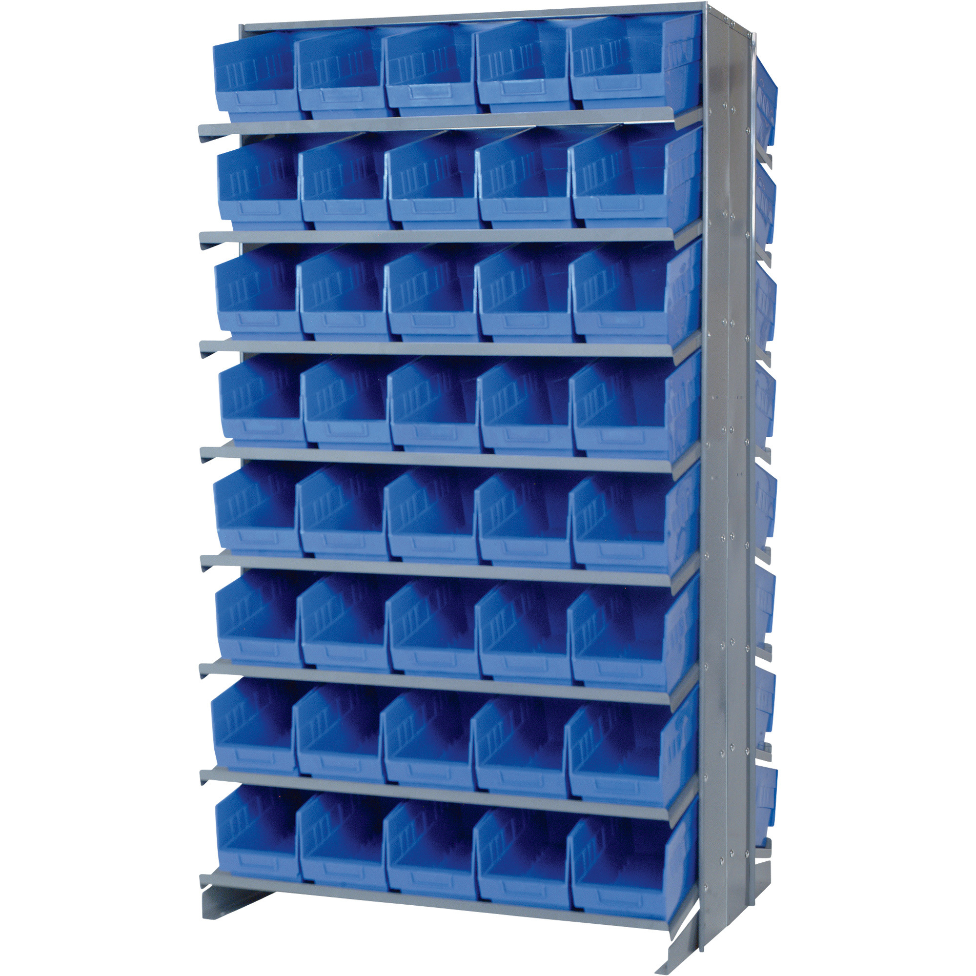 Quantum Double-Sided Store-More Pick Rack Shelf with Bins, Blue, 36Inch W x 36Inch D x 63 1/2Inch H, Includes 80 17 7/8Inch L x 6 5/8Inch W x 6Inch H