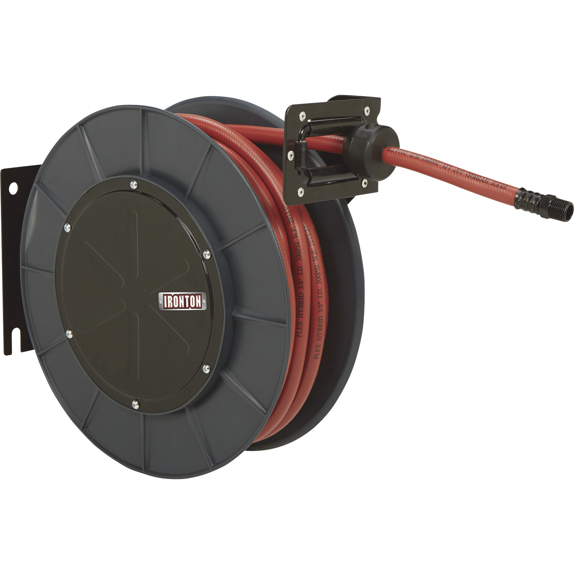 Ironton Auto-Rewind Air Hose Reel, with 3/8Inch x 50ft. Hybrid Polymer Hose, Max. 300 PSI