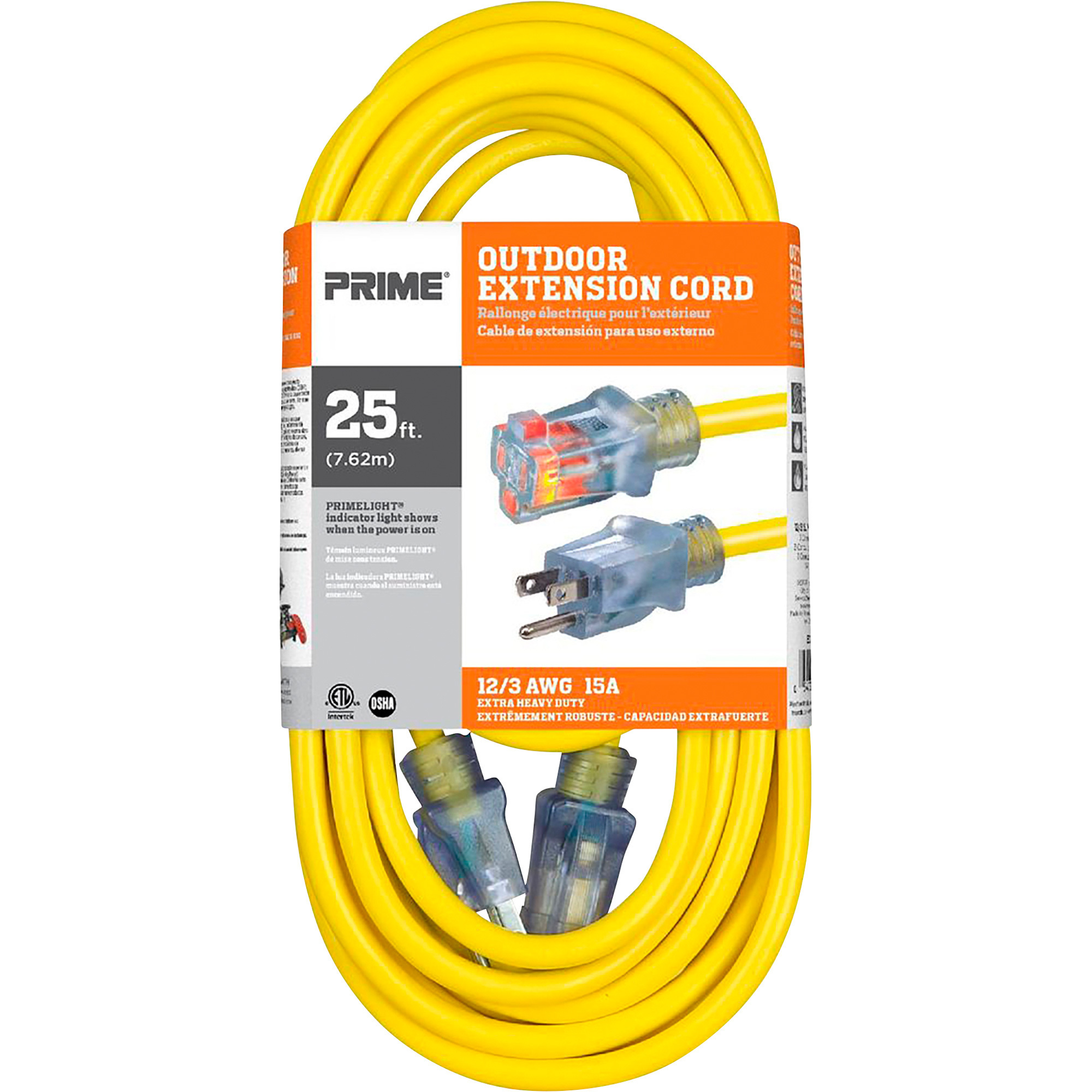 Prime Wire & Cable Contractor Tough Outdoor Extension Cord â 25ft., 12/3 Gauge, 15 Amps, Yellow, Model EC511825