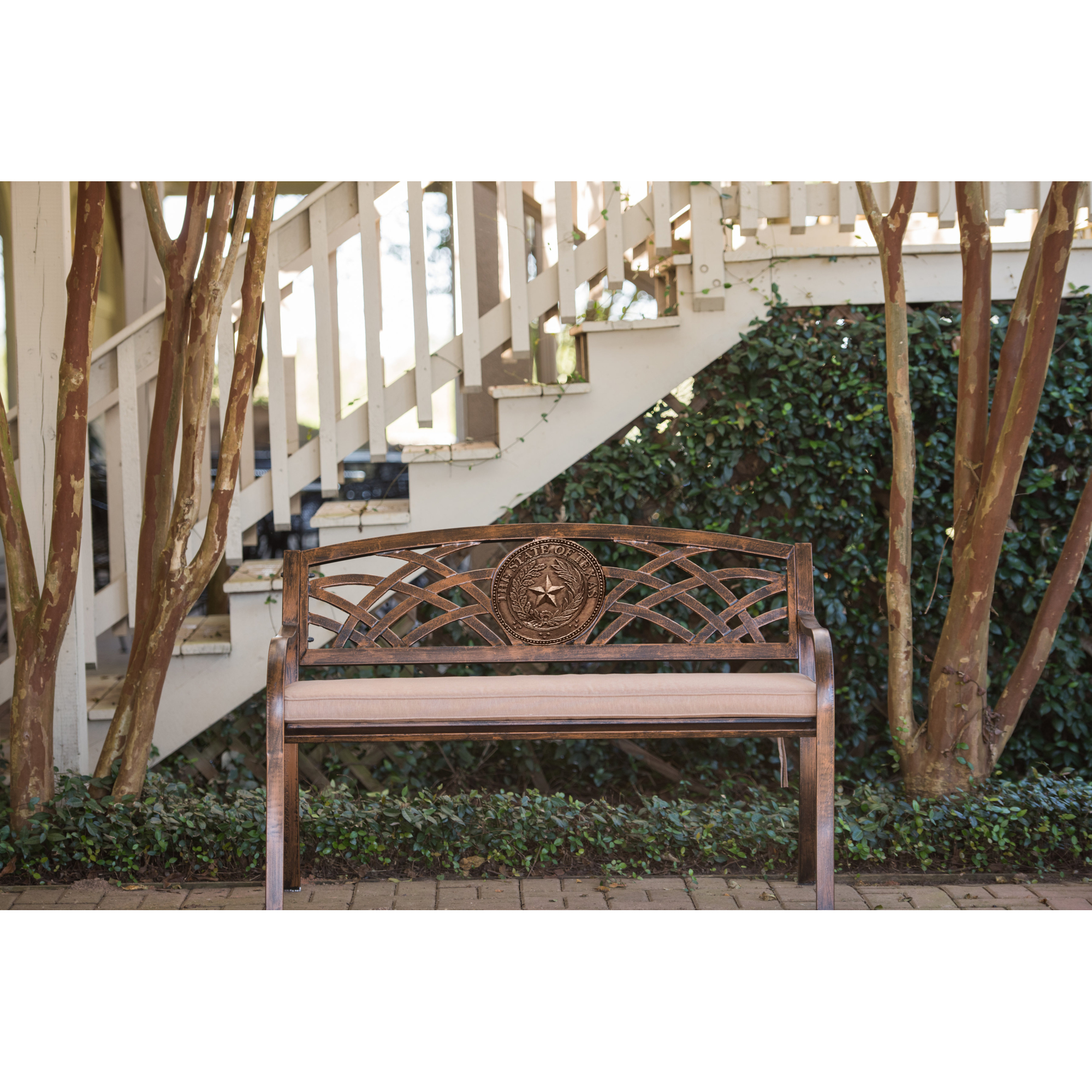 Leigh Country, Texas State Seal Garden Bench, Primary Color Bronze, Material Metal, Width 50.56 in, Model TX 93545