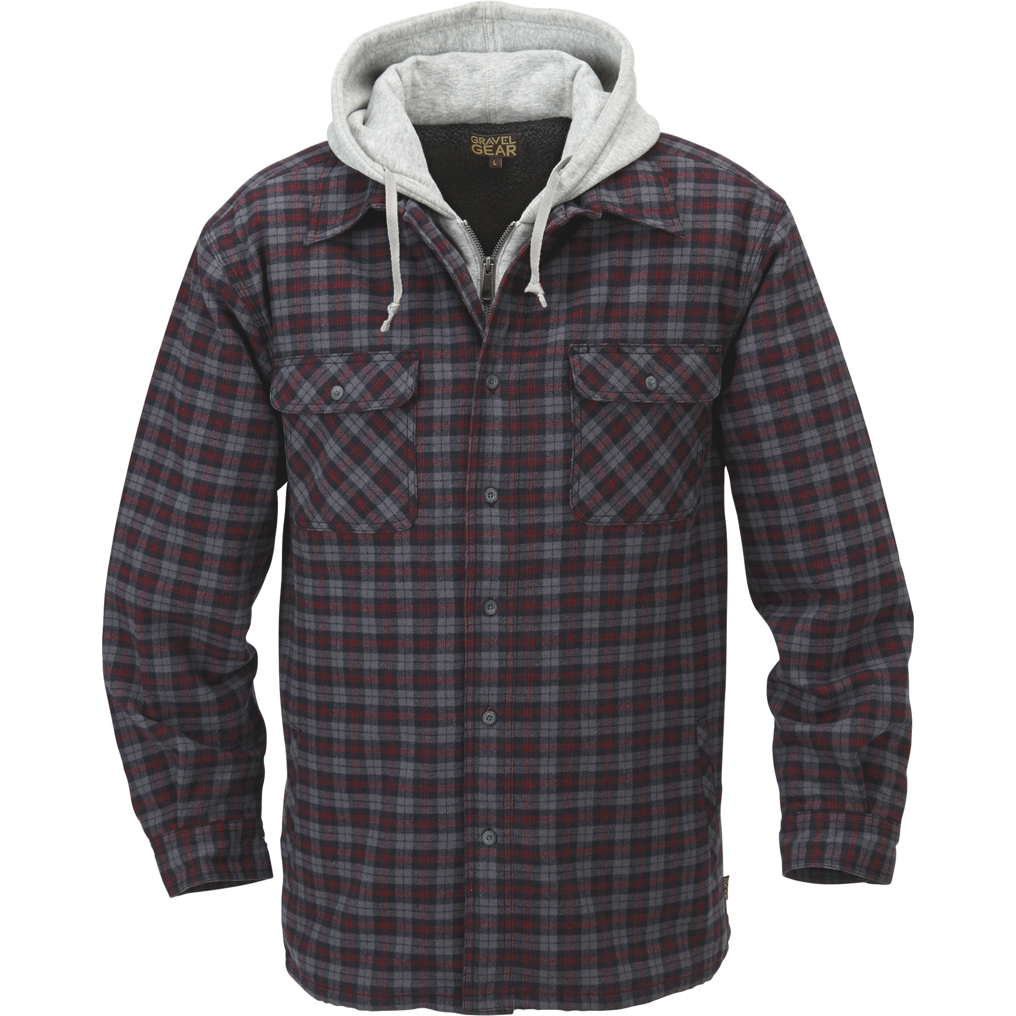 Gravel Gear Sherpa-Lined Hooded Flannel Shirt Jacket â Large, Black/Red Plaid