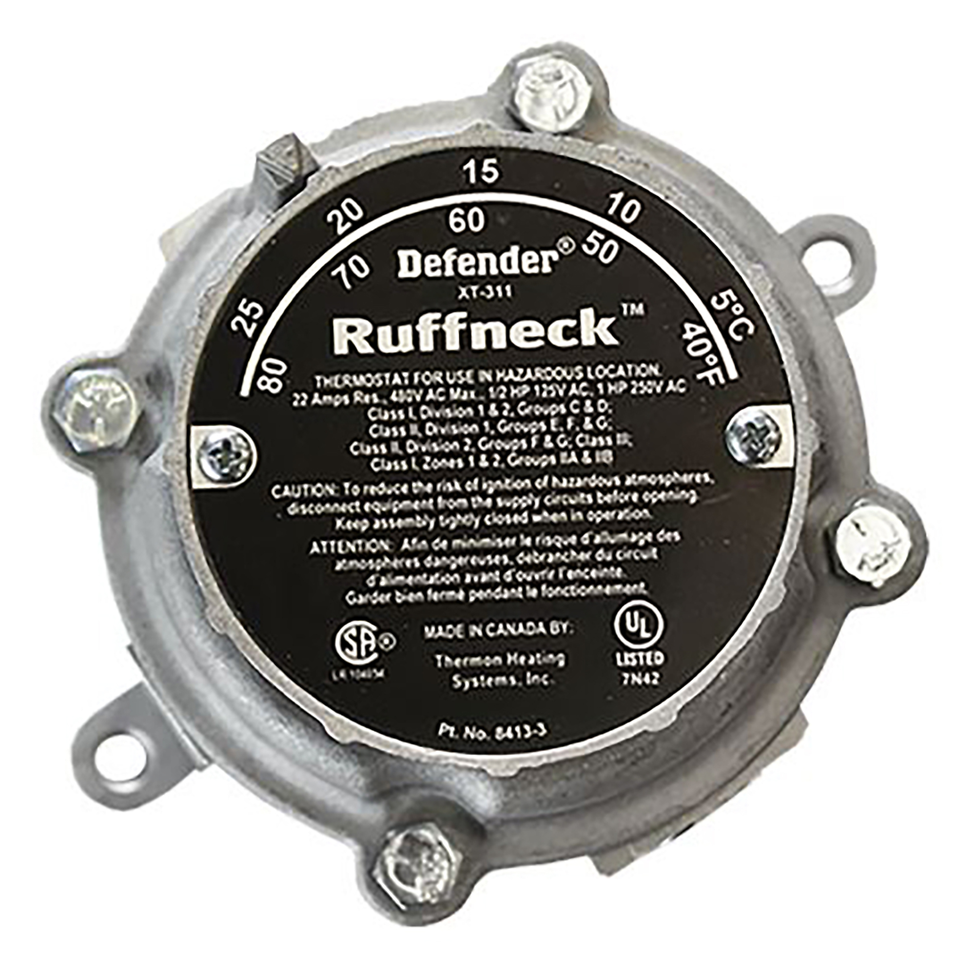 Ruffneck, Explosion-Proof SPST Thermostat, Heat Type Forced Air, Heat Output 0 Btu/hour, Model XT-311