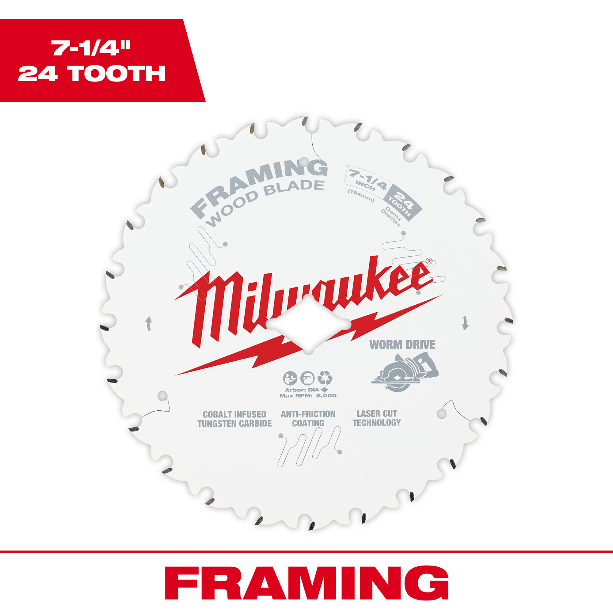 Milwaukee, 7-1/4Inch 24T Worm Drive Framing Contractor 25 Pk, Blade Diameter 7 1/4 in, Included (qty.) 25 Model 48-40-1723
