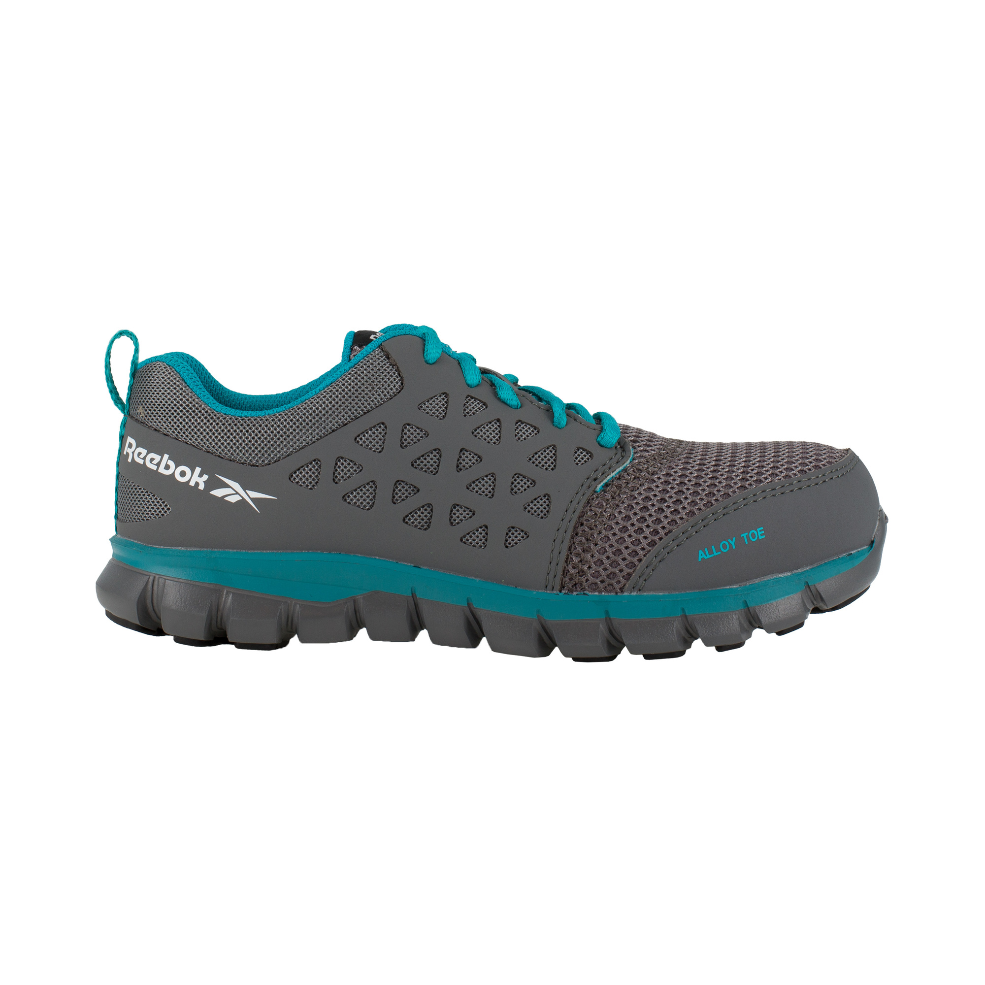 Reebok, Athletic Work Shoe, Size 4, Width Medium, Color Grey and Turquoise, Model RB045