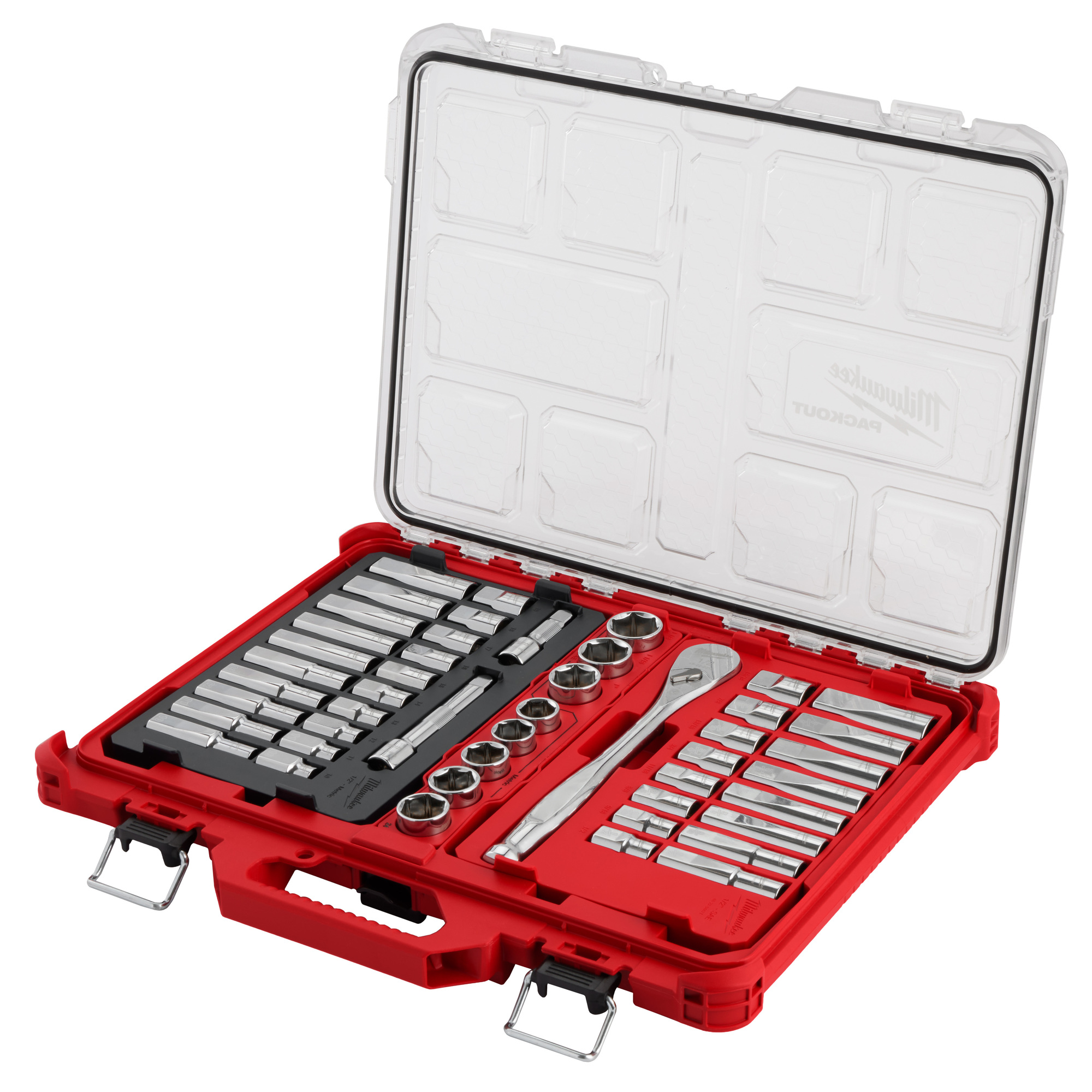 Milwaukee, 47pc 1/2Inch Drive Ratchet Socket Set Organizer, Length 16.25 in, Width 19.75 in, Height 2.25 in, Model 48-22-9487