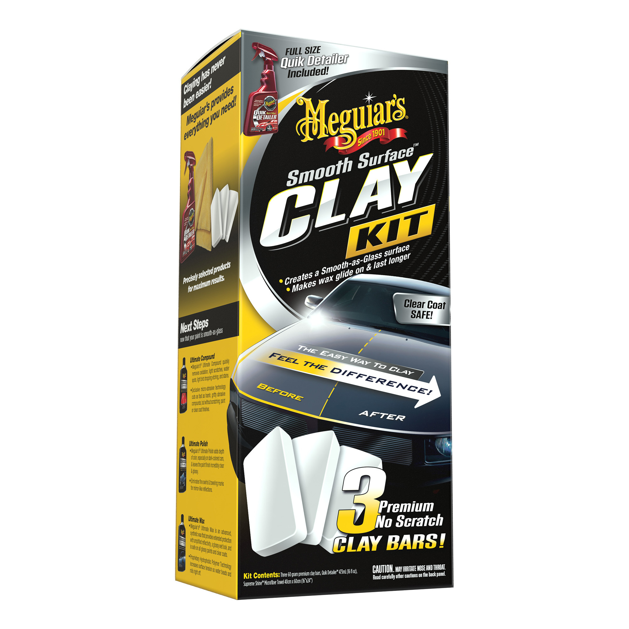 Meguiars, Smooth Surface Clay Kit Includes 3 Clay Bars, 16oz. Quik Detailer Mist & Wipe, Shine Microfiber Towel, Model G191700