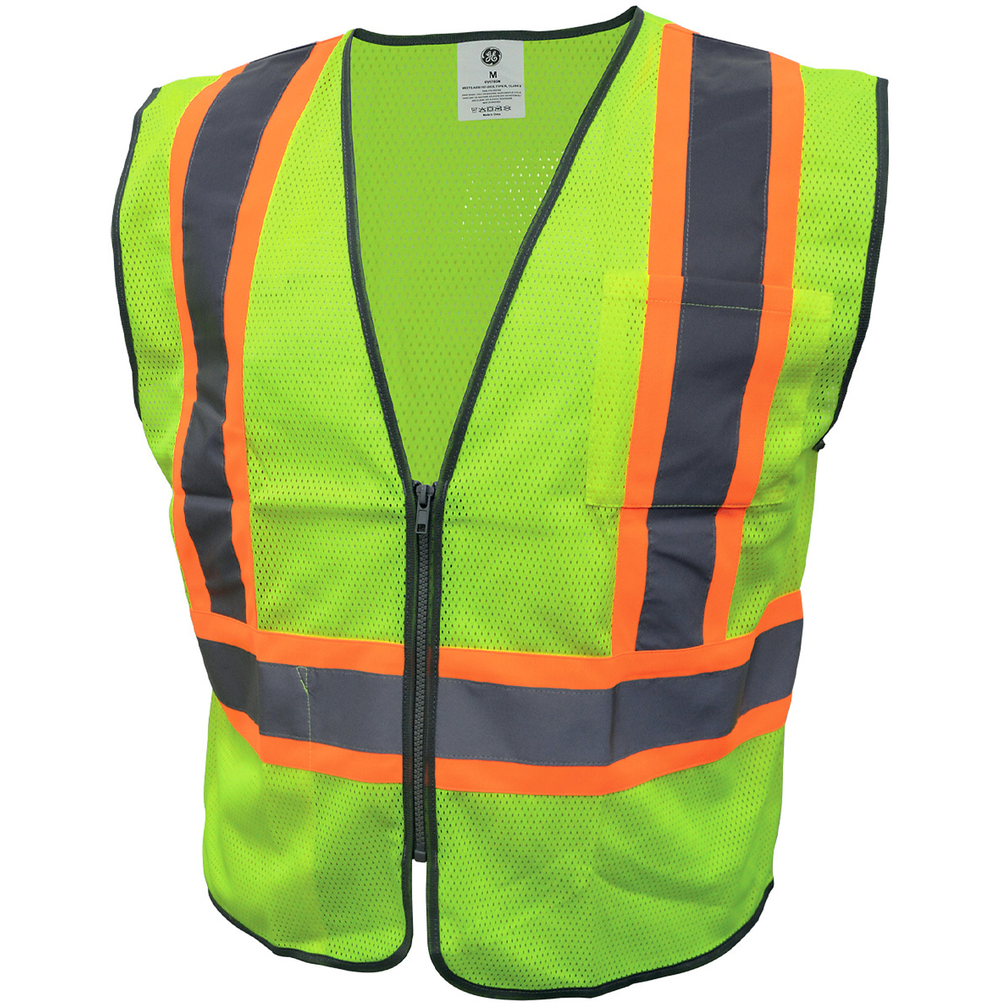 General Electric, Safety Vest W/Contrasting Trims - 2 Pocket Green M, Contrasting trims and Breathable Mesh Material, 1 Outer Chest Pocket, Zipper -  GV078GM