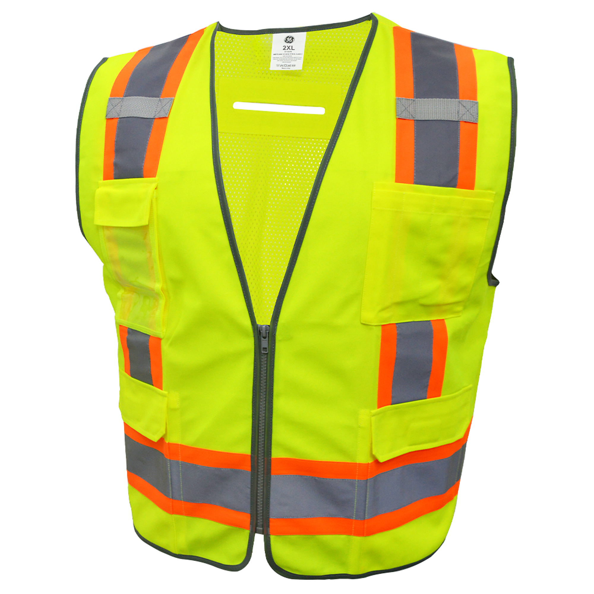 General Electric, Safety Vest w Contrasting Trims 8 Pockets 2XL, Size 2XL, Color GREEN, Model GV082G2XL