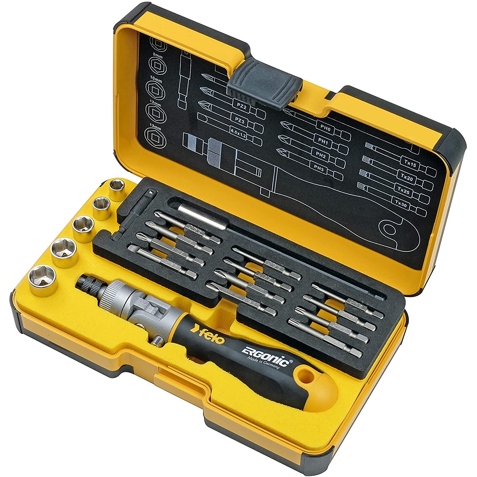 Felo, 1/4Inch Drive Ergonic K Box Ratchet Set, 20 Piece, Drive Size 1/4 in, Tool Length 10 in, Pieces (qty.) 20, Model 0715764515