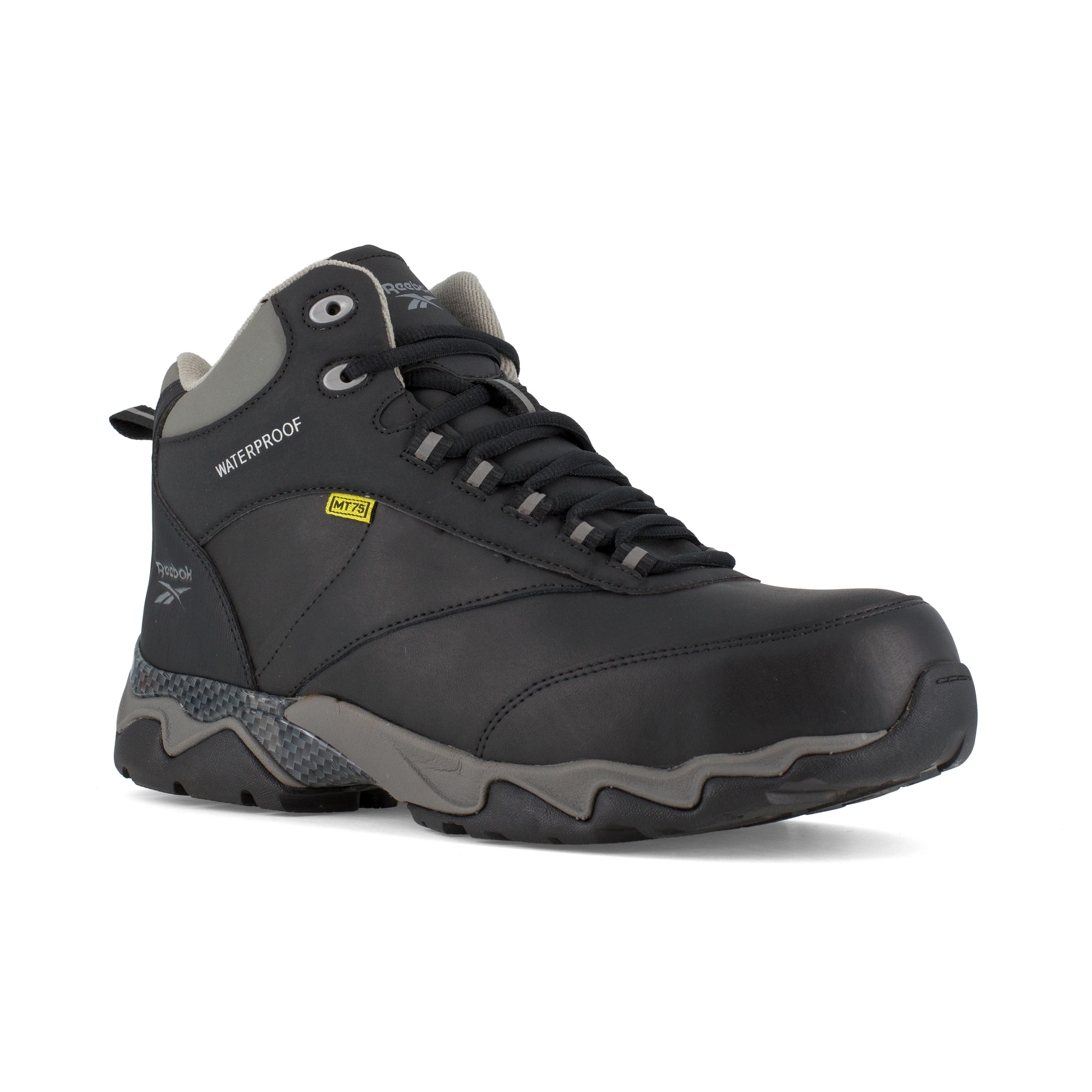 Reebok, Waterproof Athletic Work Boot, Size 11 1/2, Width Medium, Color Black with Grey Trim, Model RB1067