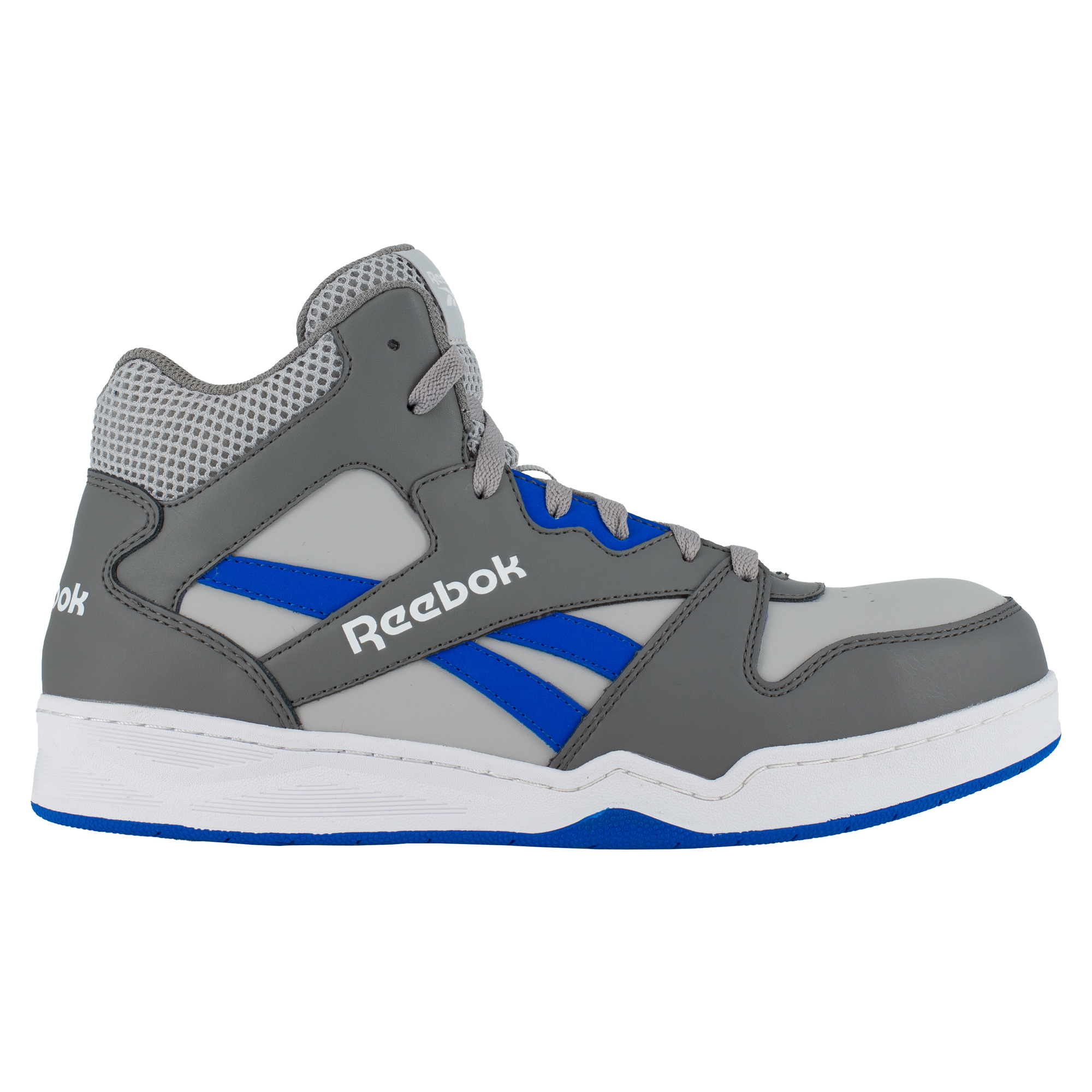 Reebok, High Top Work Sneaker, Size 8 1/2, Width Wide, Color Grey and Cobalt Blue, Model RB4135