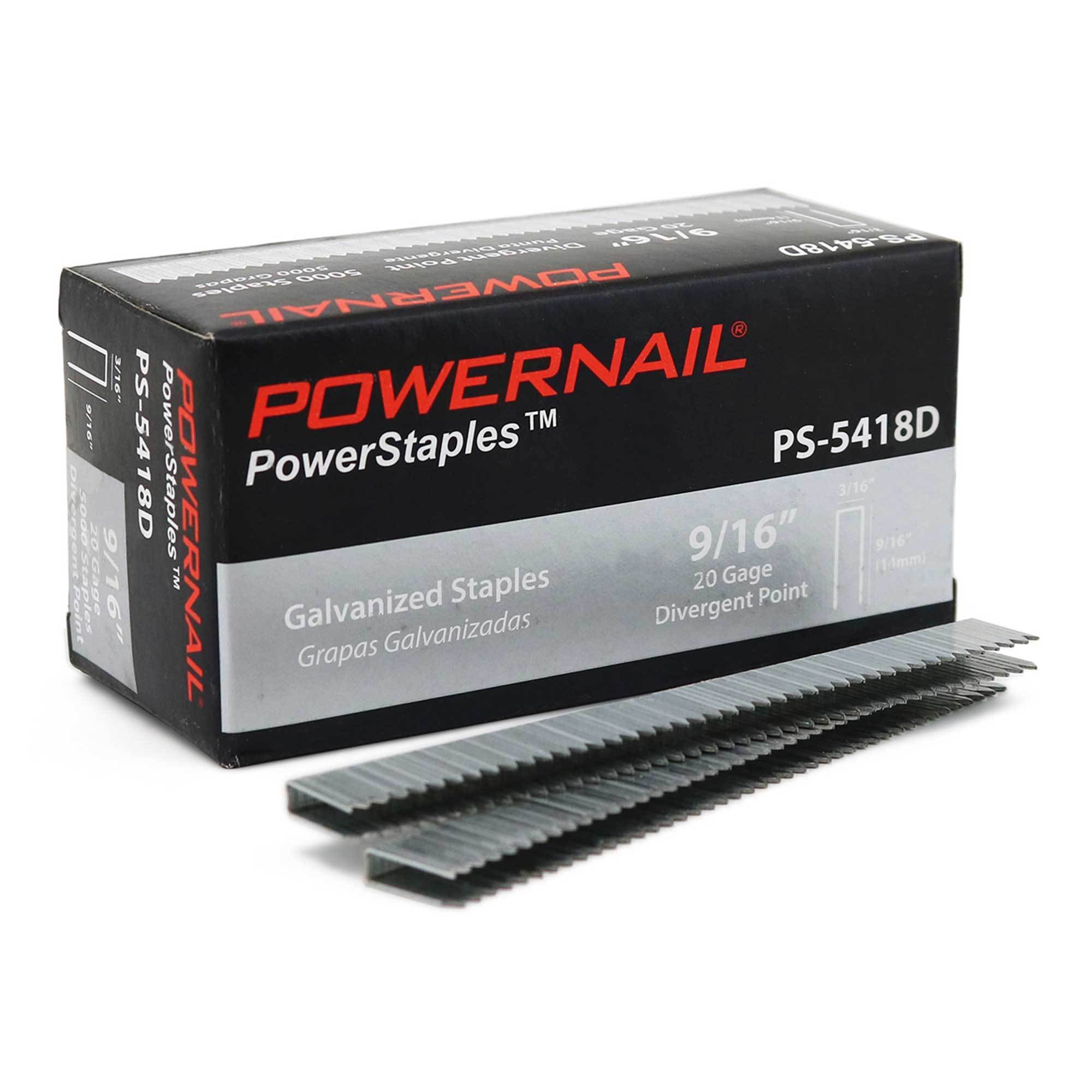 POWERNAIL, 3/16Inchx9/16Inch 20ga Staple Divergent Point 100,000ct, Fastener Size 0.19 in, Nail Gun Angle 0 Â°, Model PS5418D.PWR