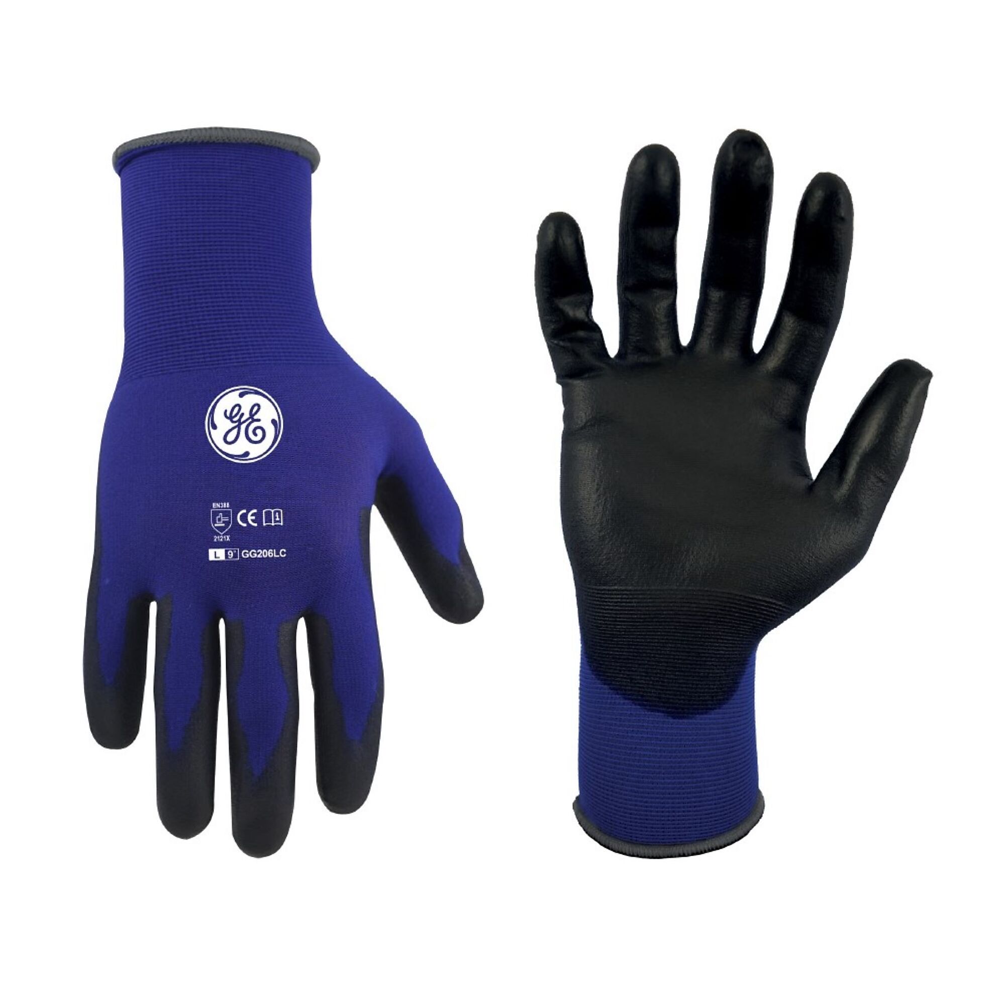 General Electric, Unisex Dipped Gloves Black/Blue L 12 pair, Size L, Included (qty.) 12, Model GG206L
