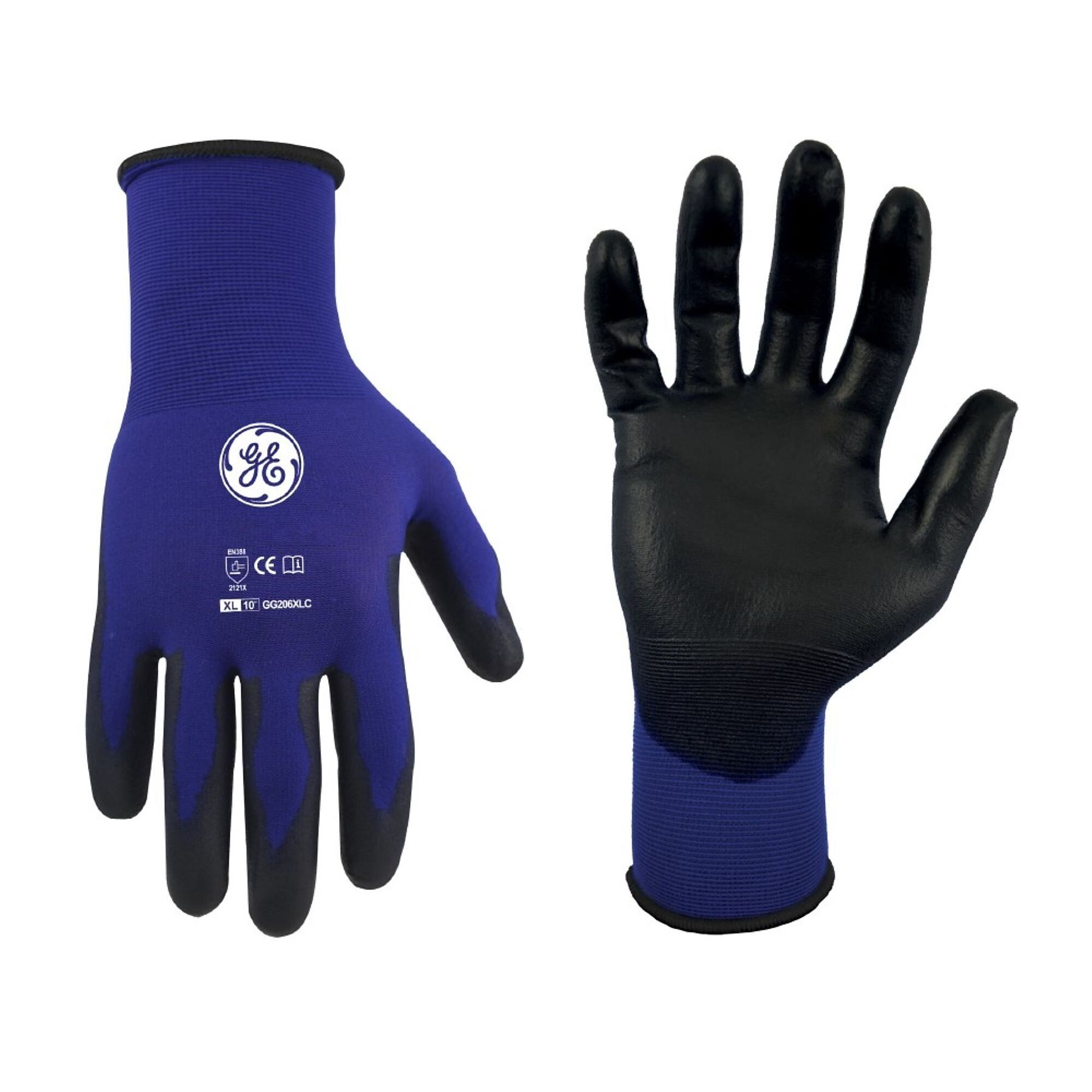 General Electric, Unisex Dipped Gloves Black/Blue XL 12 pair, Size XL, Included (qty.) 12, Model GG206XL