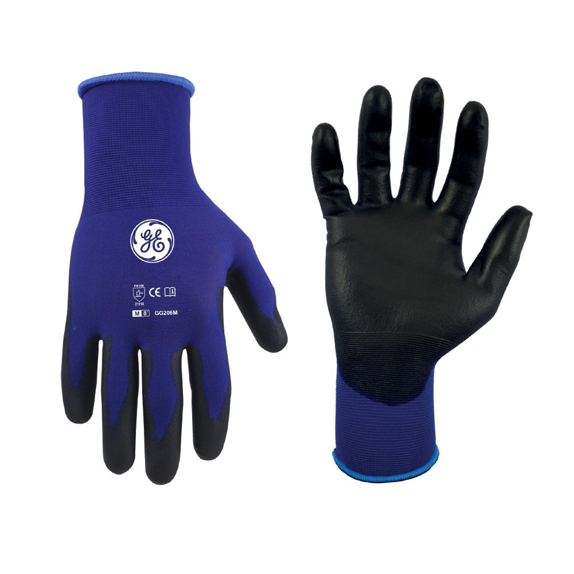General Electric, Unisex Dipped Gloves Black/Blue M 12 pair, Size M, Included (qty.) 12, Model GG206M