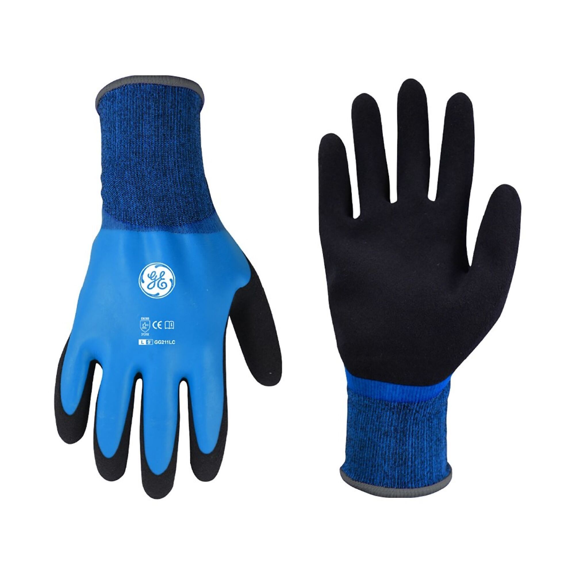 General Electric, Unisex Dipped Gloves Black/Blue L 12 pair, Size L, Included (qty.) 12, Model GG211L