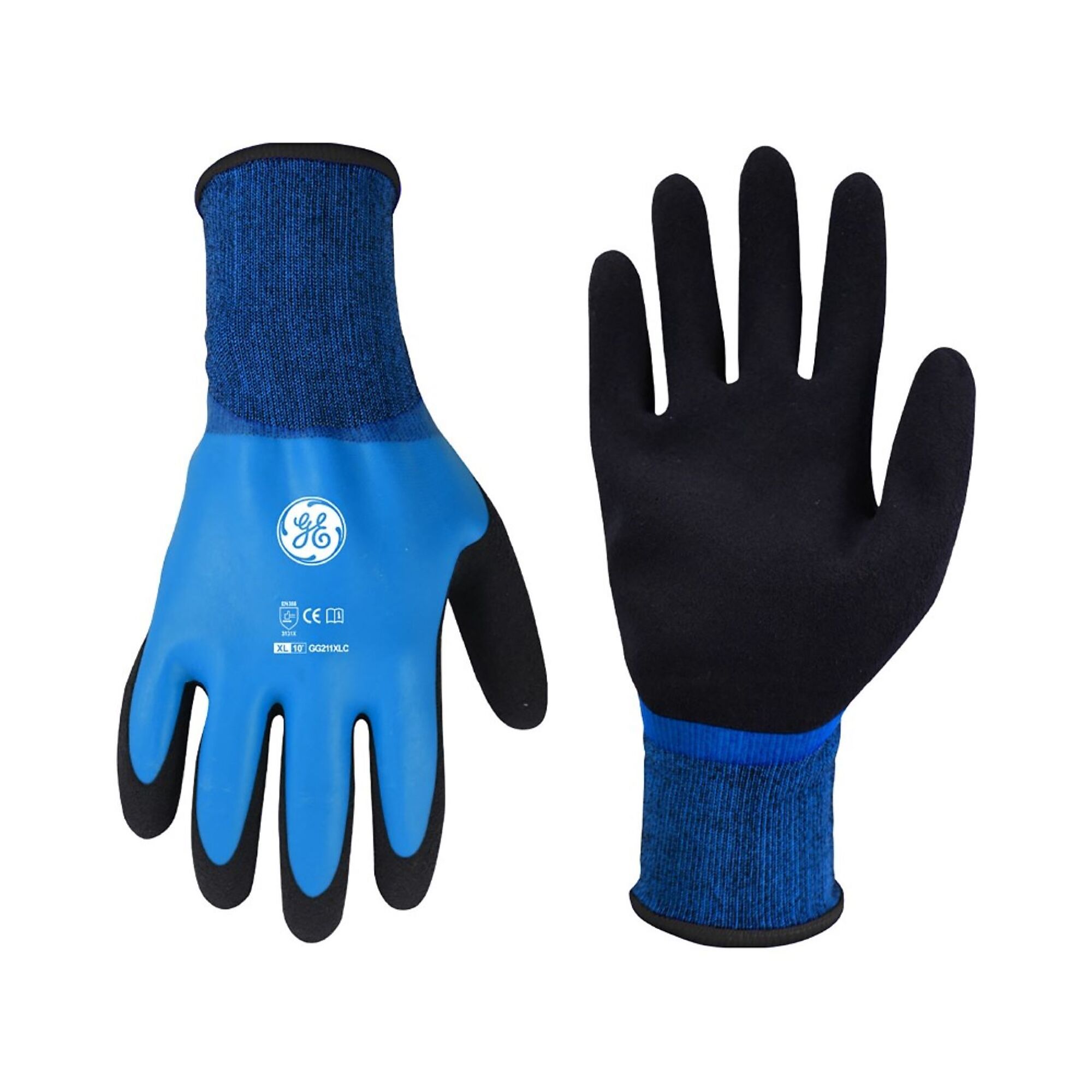 General Electric, Unisex Dipped Gloves Black/Blue XL 12 pair, Size XL, Included (qty.) 12, Model GG211XL