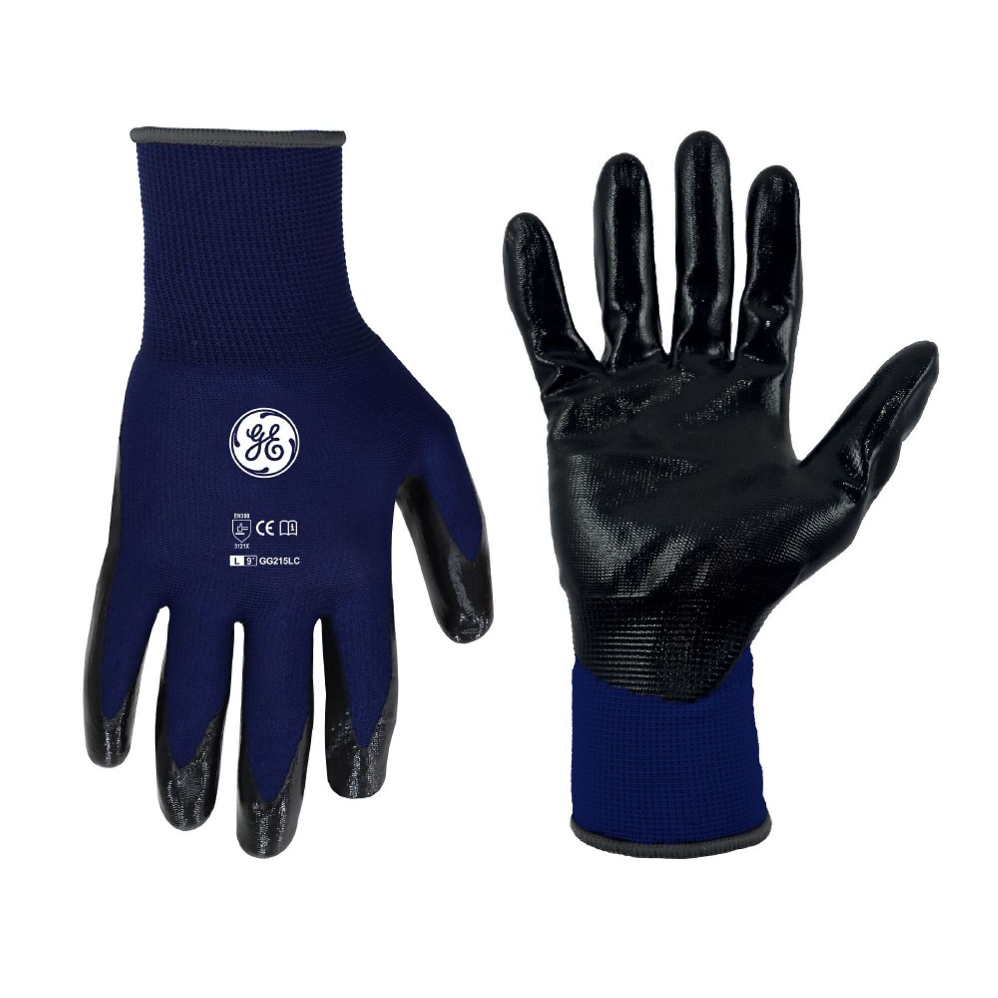 General Electric, Unisex Dipped Gloves Black/Blue L 12 pair, Size L, Included (qty.) 12, Model GG215L