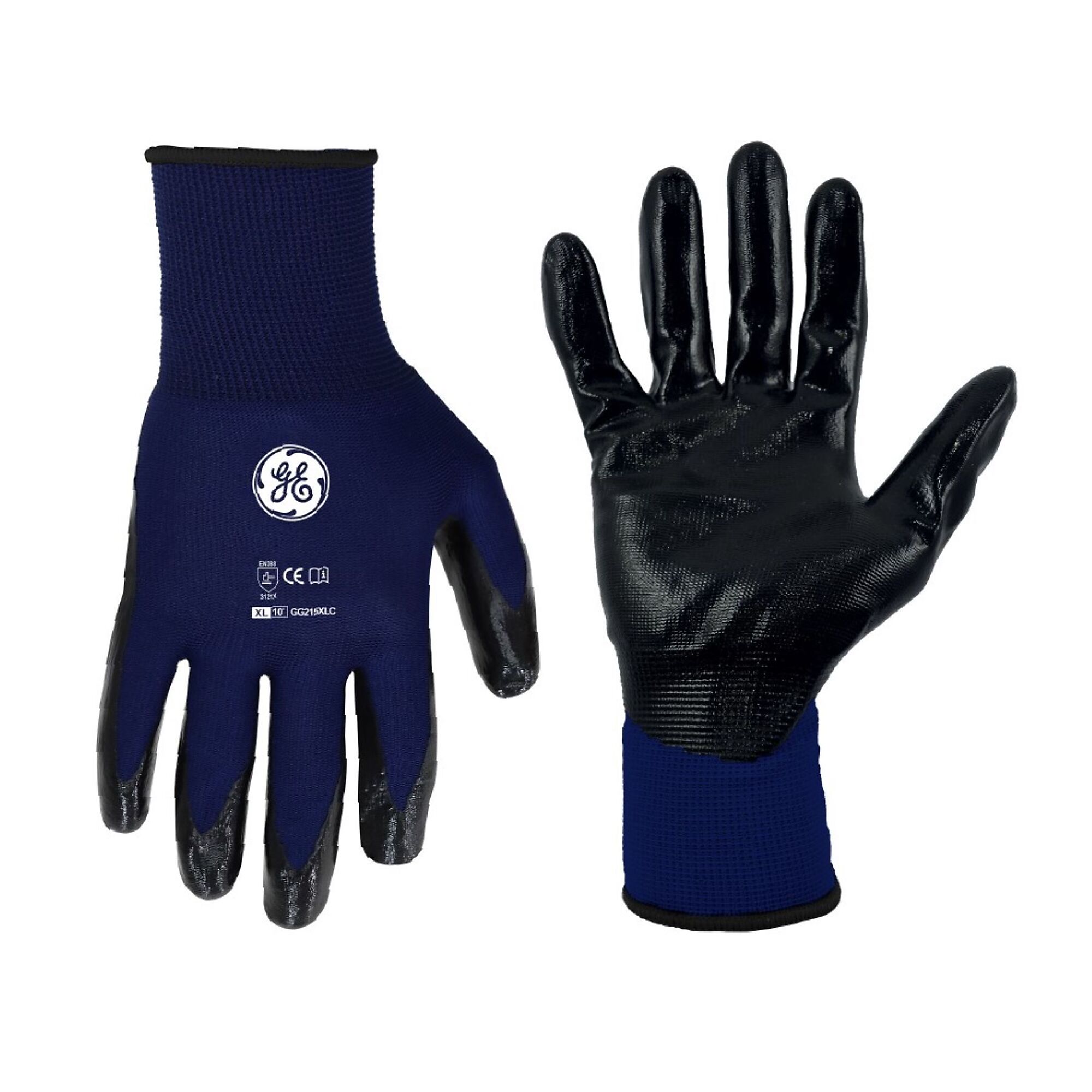 General Electric, Unisex Dipped Gloves Black/Blue XL 12 pair, Size XL, Included (qty.) 12, Model GG215XL