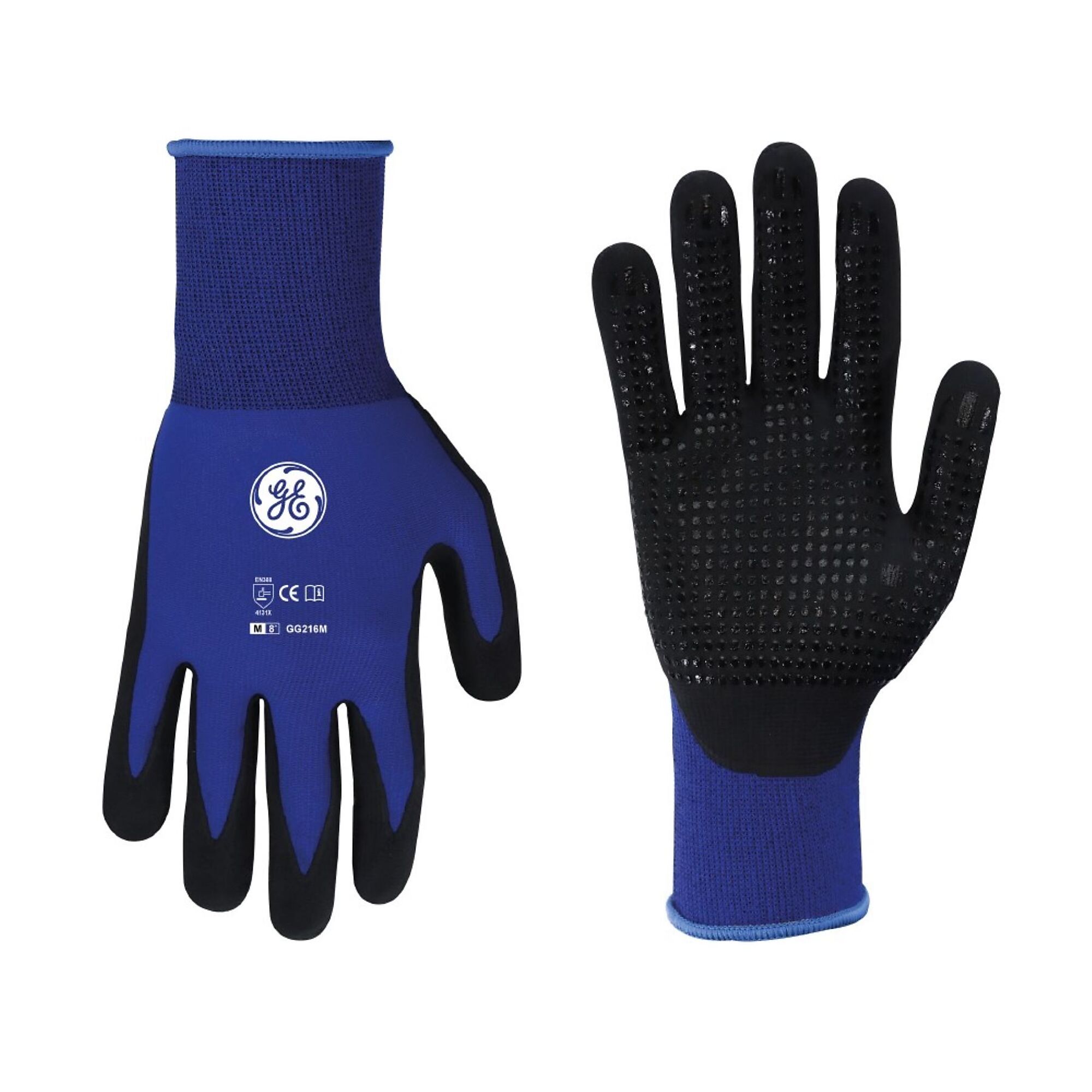 General Electric, Unisex Dipped Gloves Black/Blue M 12 pair, Size M, Included (qty.) 12, Model GG216M