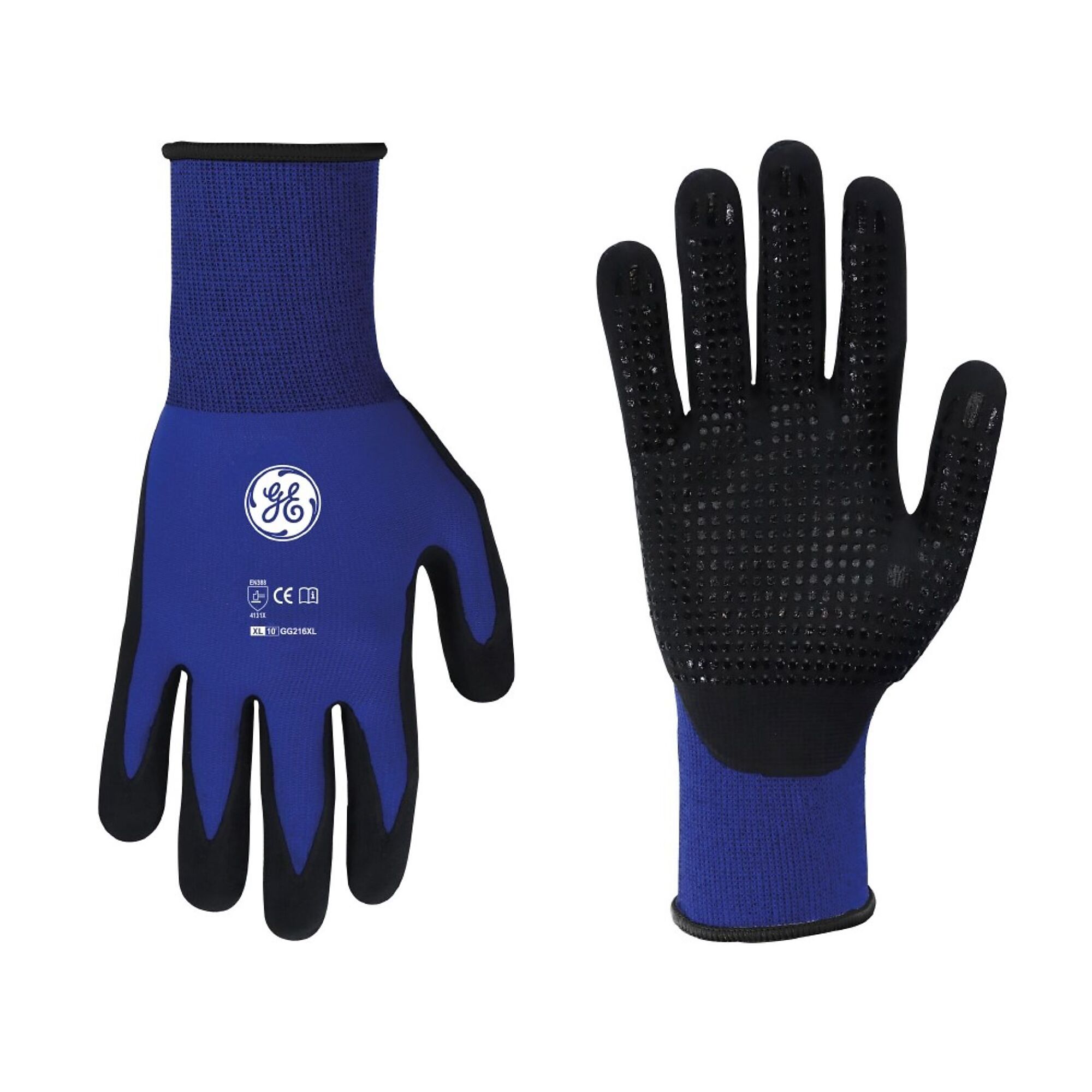 General Electric, Unisex Dipped Gloves Black/Blue XL 12 pair, Size XL, Included (qty.) 12, Model GG216XL