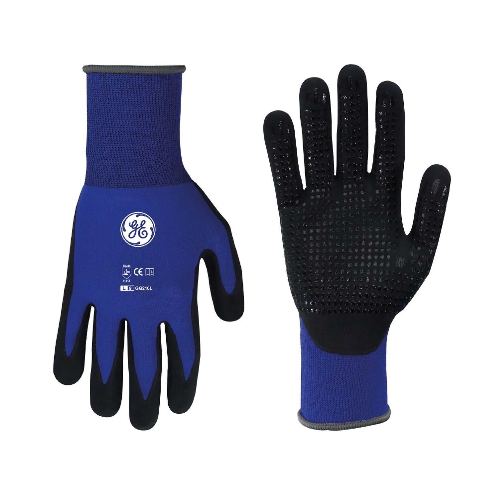 General Electric, Unisex Dipped Gloves Black/Blue L 12 pair, Size L, Included (qty.) 12, Model GG216L