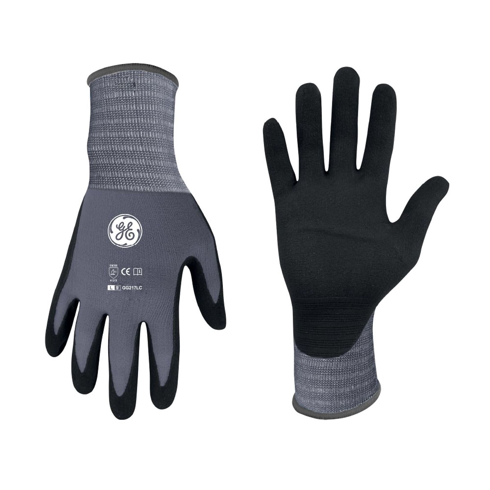General Electric, Unisex Dipped Gloves Black/Gray L 12 pair, Size L, Included (qty.) 12, Model GG217L