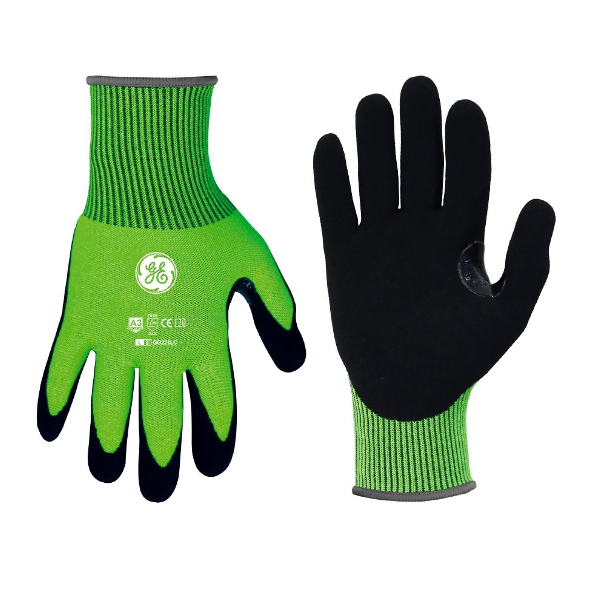 General Electric, Unisex Dipped Gloves Black/High-Vis Grn L 12 pair, Size L, Included (qty.) 12, Model GG221L