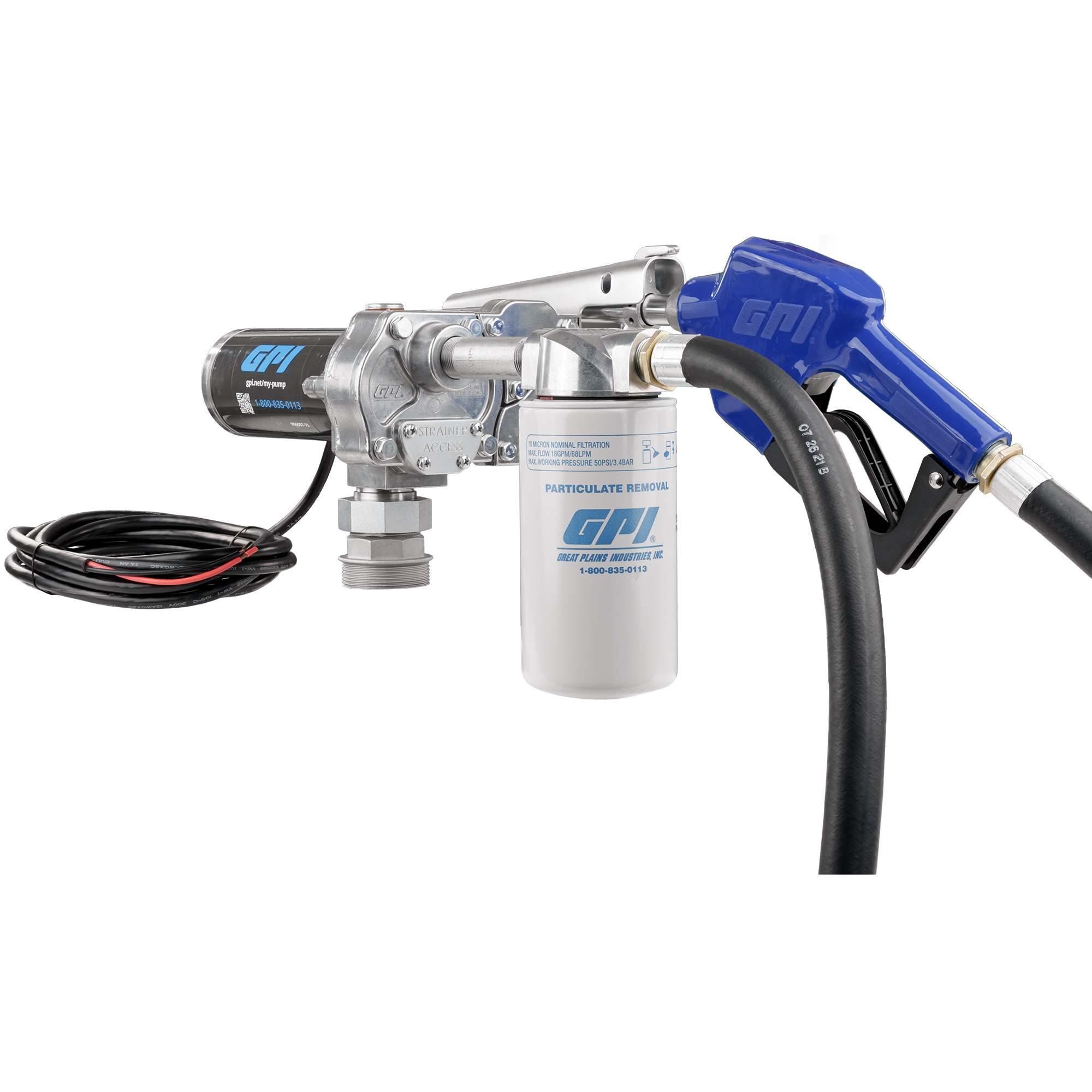 GPI 12V Fuel Transfer Pump, 18 GPM, Filter, Automatic Nozzle, Hose, Model M-180S-AU/Filter