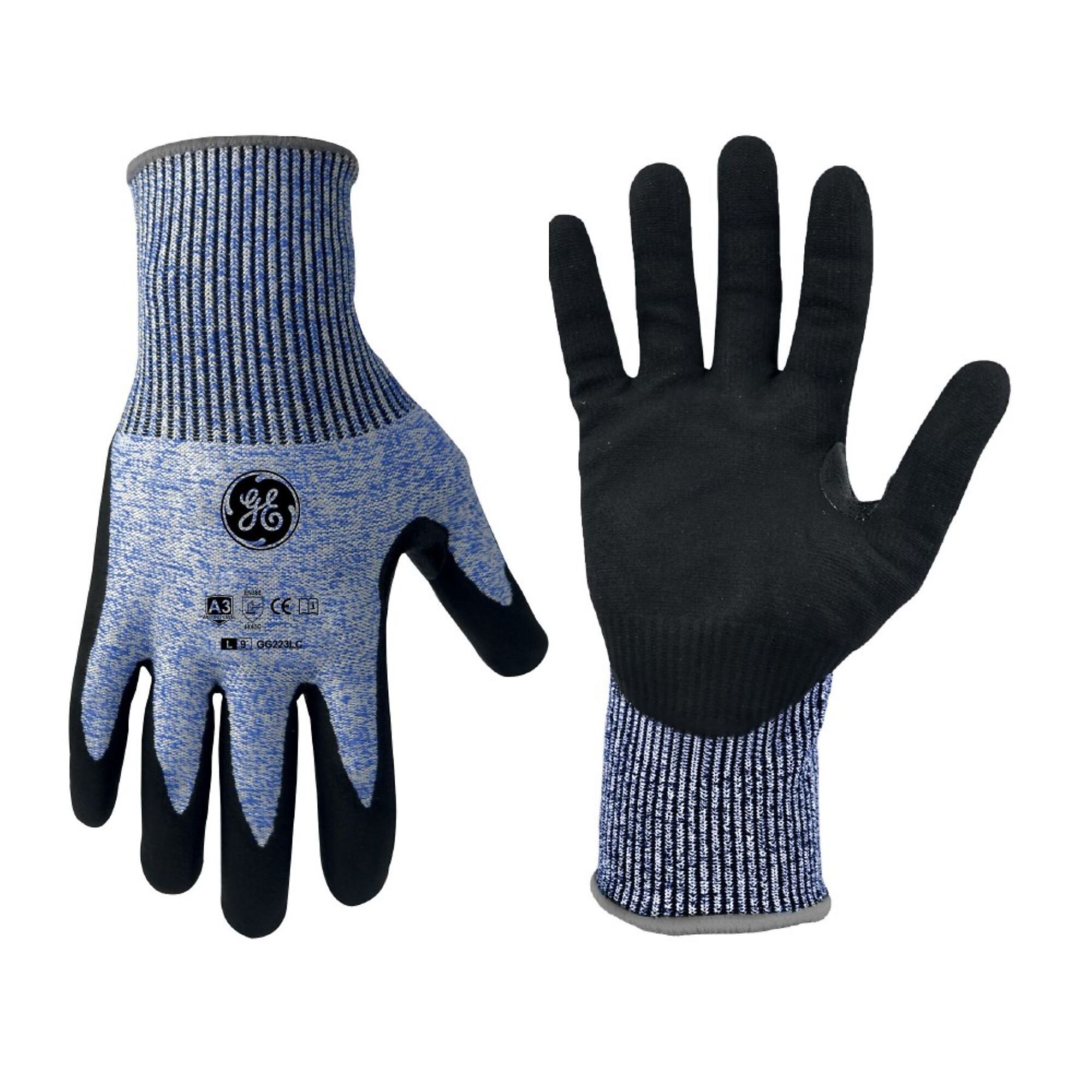 General Electric, Unisex Dipped Gloves Black/Blue L 12 pair, Size L, Included (qty.) 12, Model GG223L