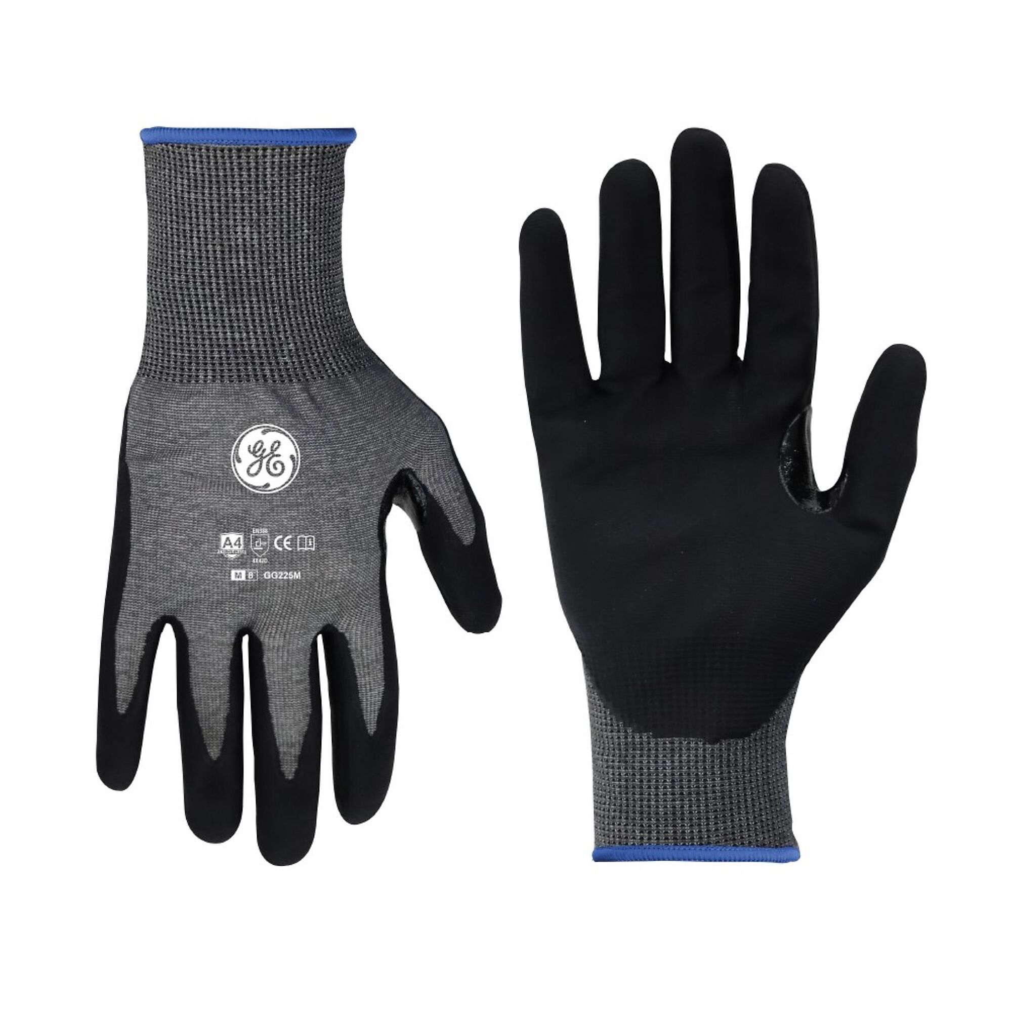 General Electric, Unisex Dipped Gloves Black/Blue M 12 pair, Size M, Included (qty.) 12, Model GG225M