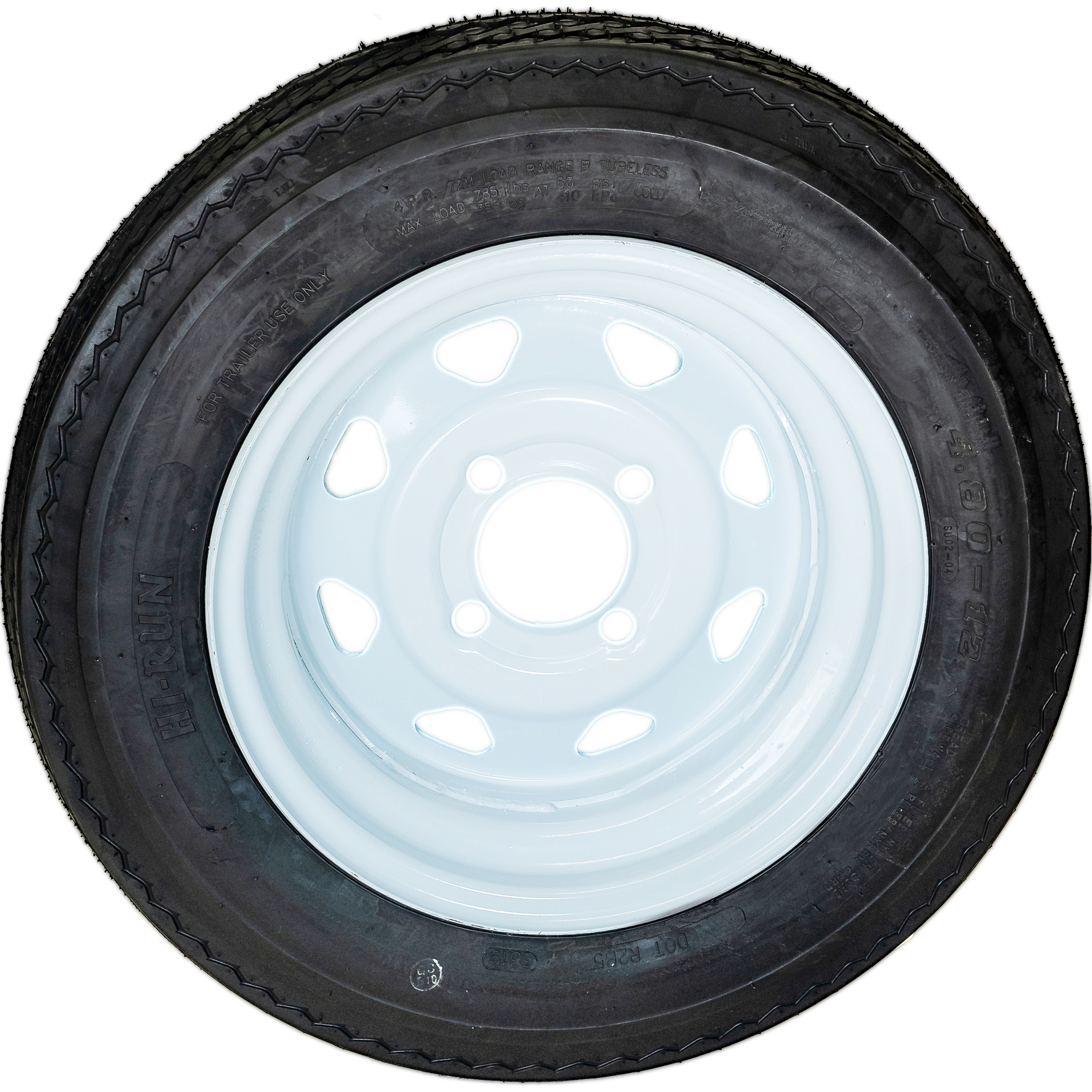 HI-RUN, Highway Trailer Tire Assembly, Bias-Ply, Tire Size 4.80-12 Load Range Rating B, Bolt Holes (qty.) 4 Model ASB1051