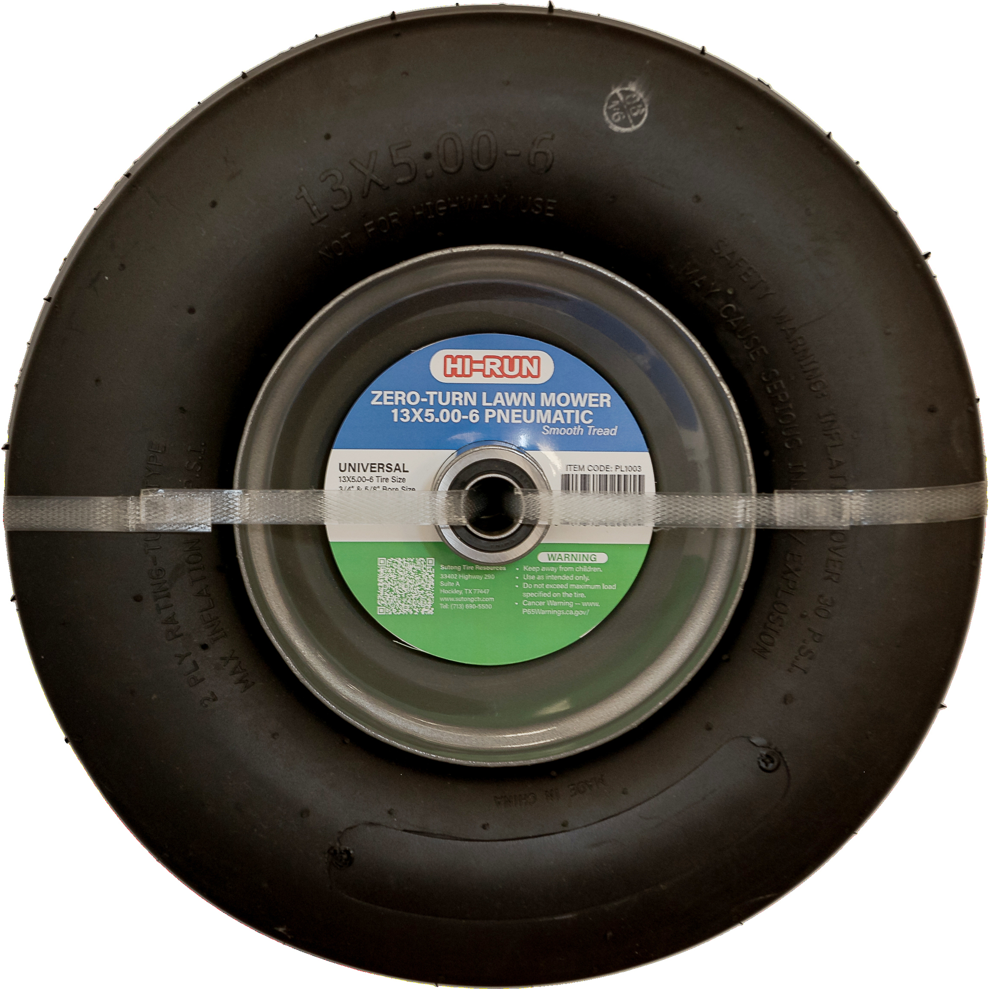 Universal Pneumatic Tire/Wheel with Kits, 5/8Inch 3/4Inch ID, Tire Size 13X5-6, Load Range Rating A, Model - HI-RUN PL1003