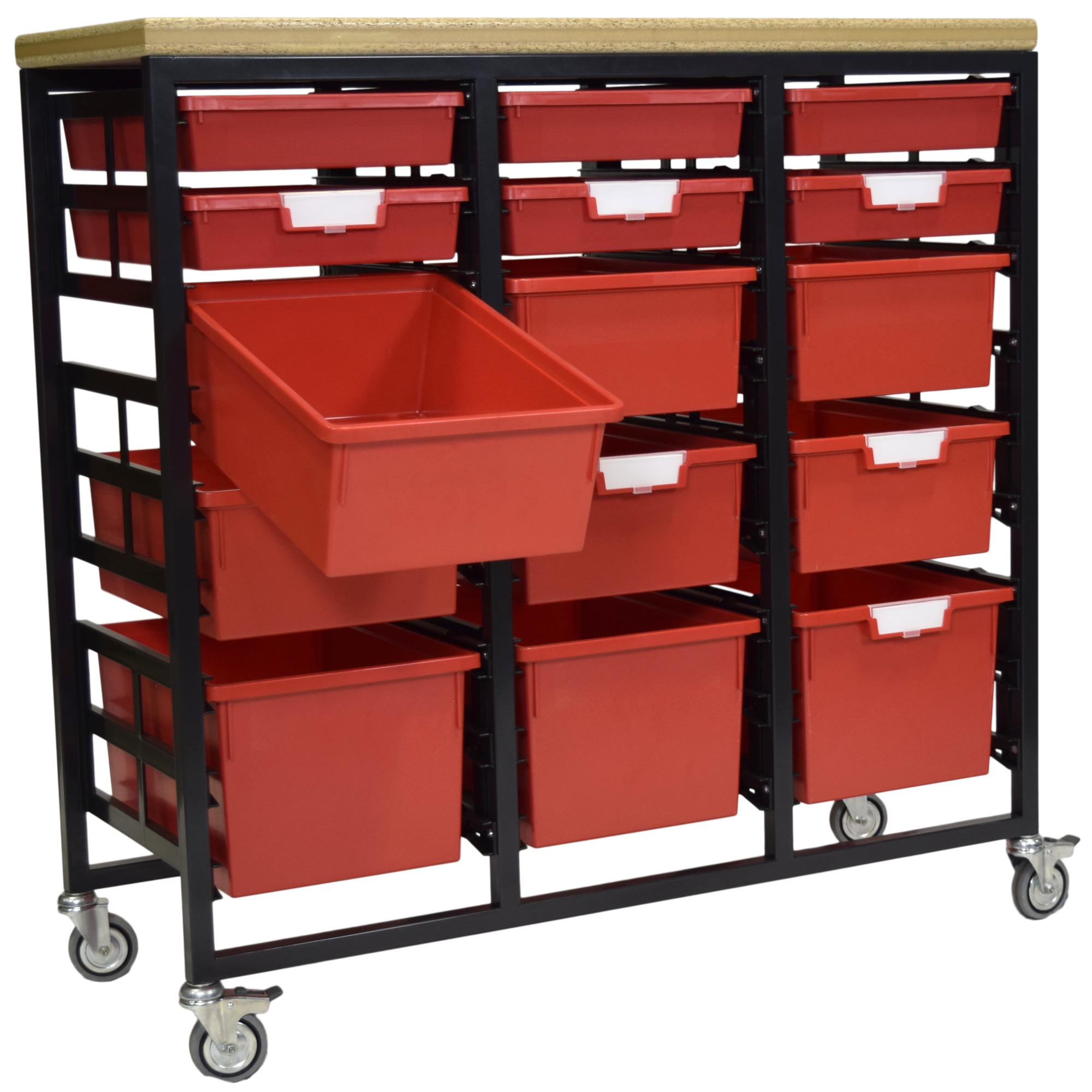 Certwood StorWerks, Mobile Work Station w/Wood Top -15 Trays-Red, Included (qty.) 15, Material Plastic, Height 12 in, Model CE2103DGGC-6S6D3TPR