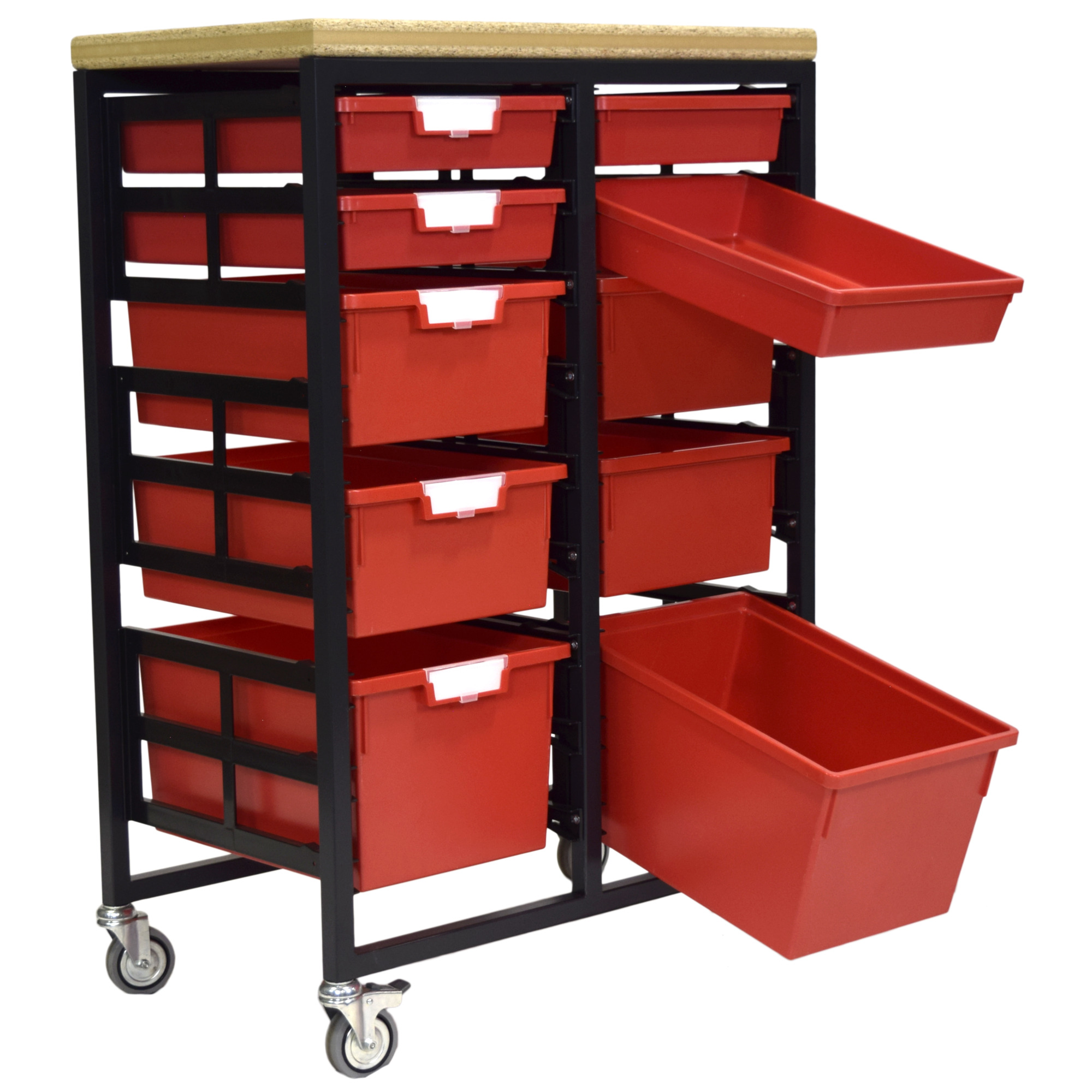 Certwood StorWerks, Mobile Work Station w/Wood Top -10 Trays-Red, Included (qty.) 10, Material Plastic, Height 12 in, Model CE2102DGGC-4S4D2TPR