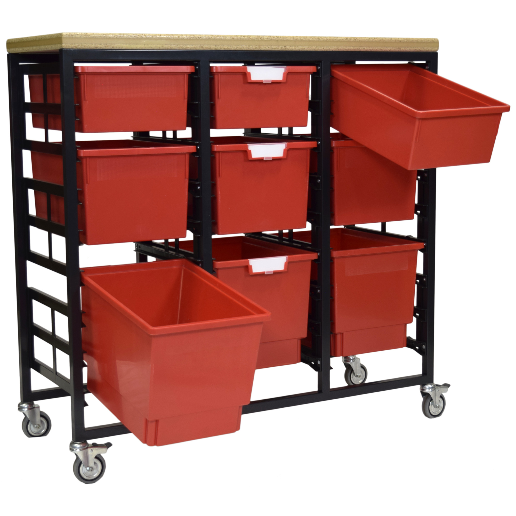 Certwood StorWerks, Mobile Work Station w/Wood Top -9 Trays-Red, Included (qty.) 9, Material Plastic, Height 12 in, Model CE2103DGGC-3D3T3QPR