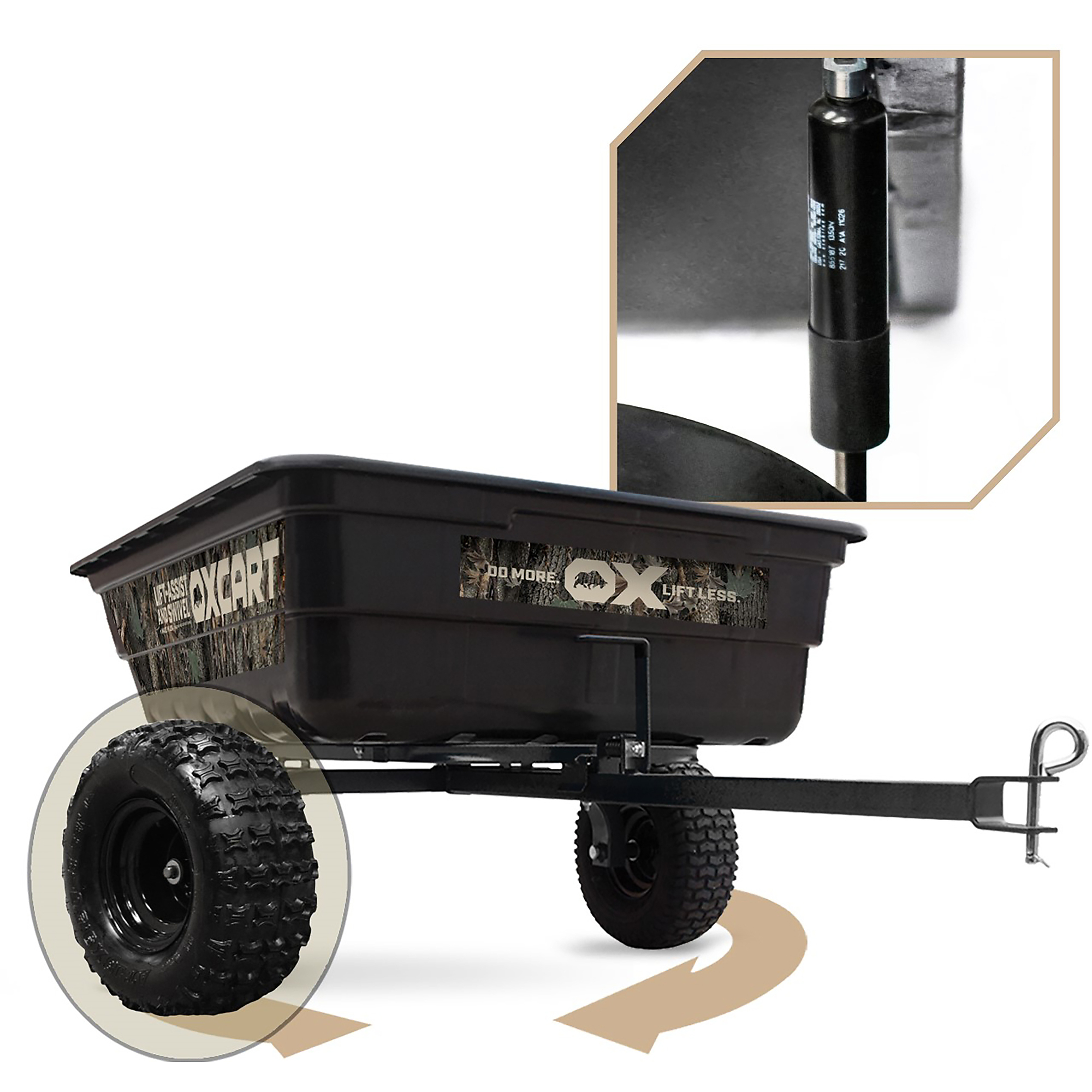 OxCart, 15 cu Camo Lift-Assist Swivel Dump Cart ATV 18â Tires, Total Capacity 1500 lb, Model GTMXC3L218U