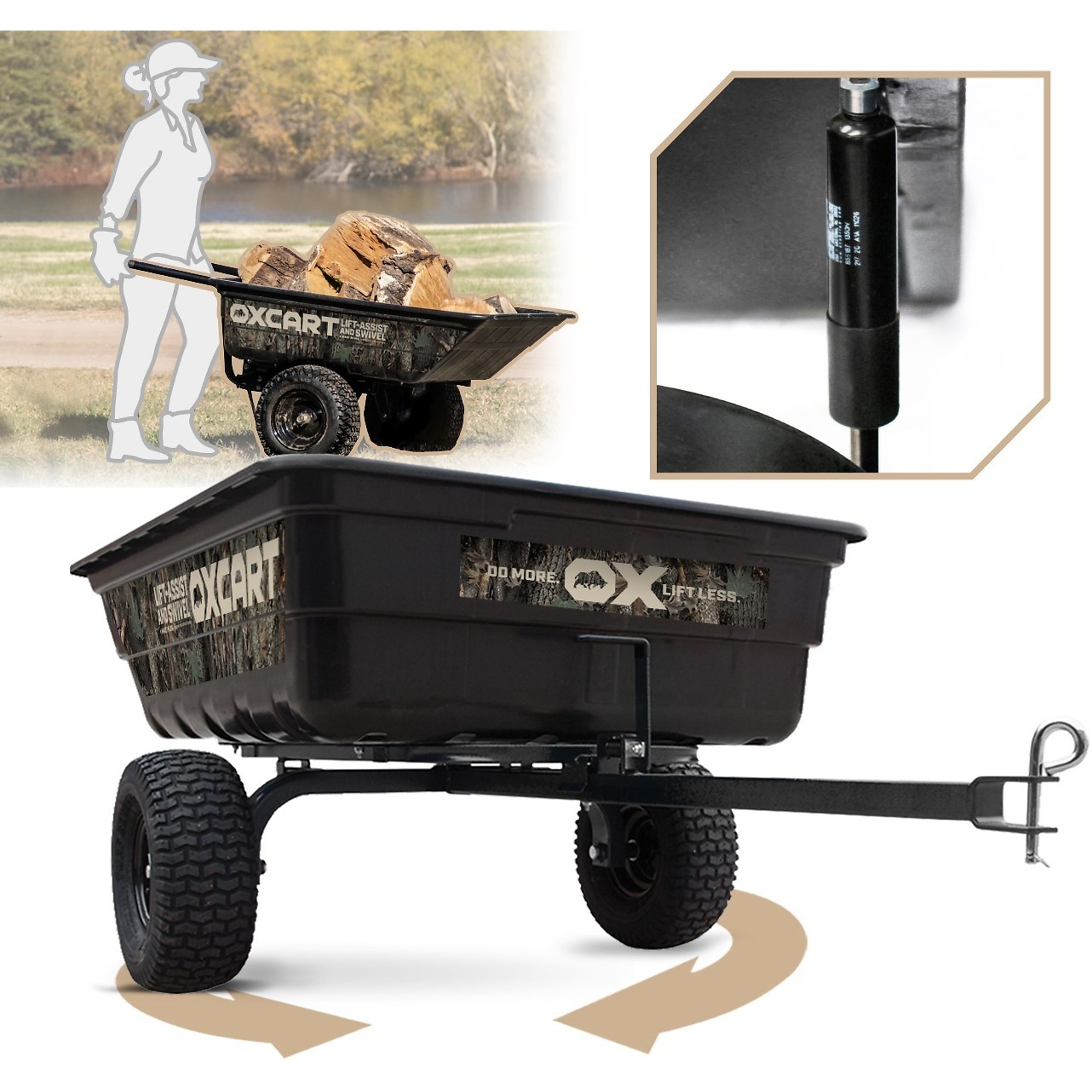 OxCart, 15 cu Camo Lift-Assist Swivel Dump Cart, Total Capacity 1100 lb, Model GTMR210224P