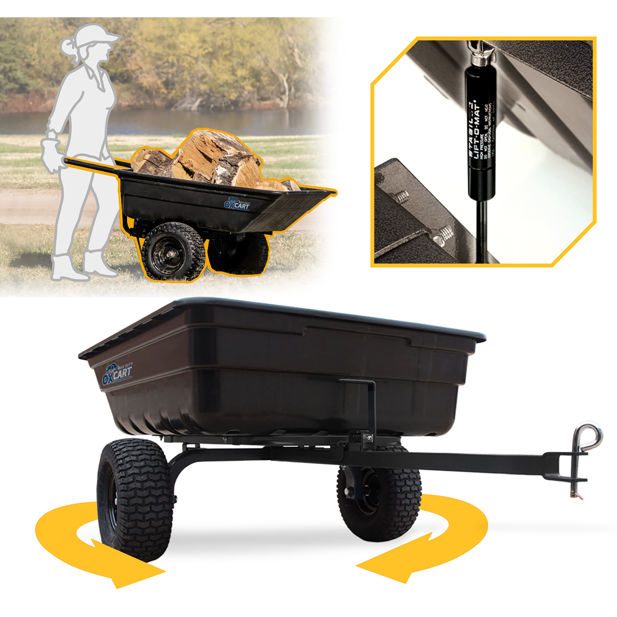 OxCart, 12cu Lift-Assist Swivel Dump Cart with 2ply Run-Flat Tires, Total Capacity 750 lb, Model GTMZ208192PRF