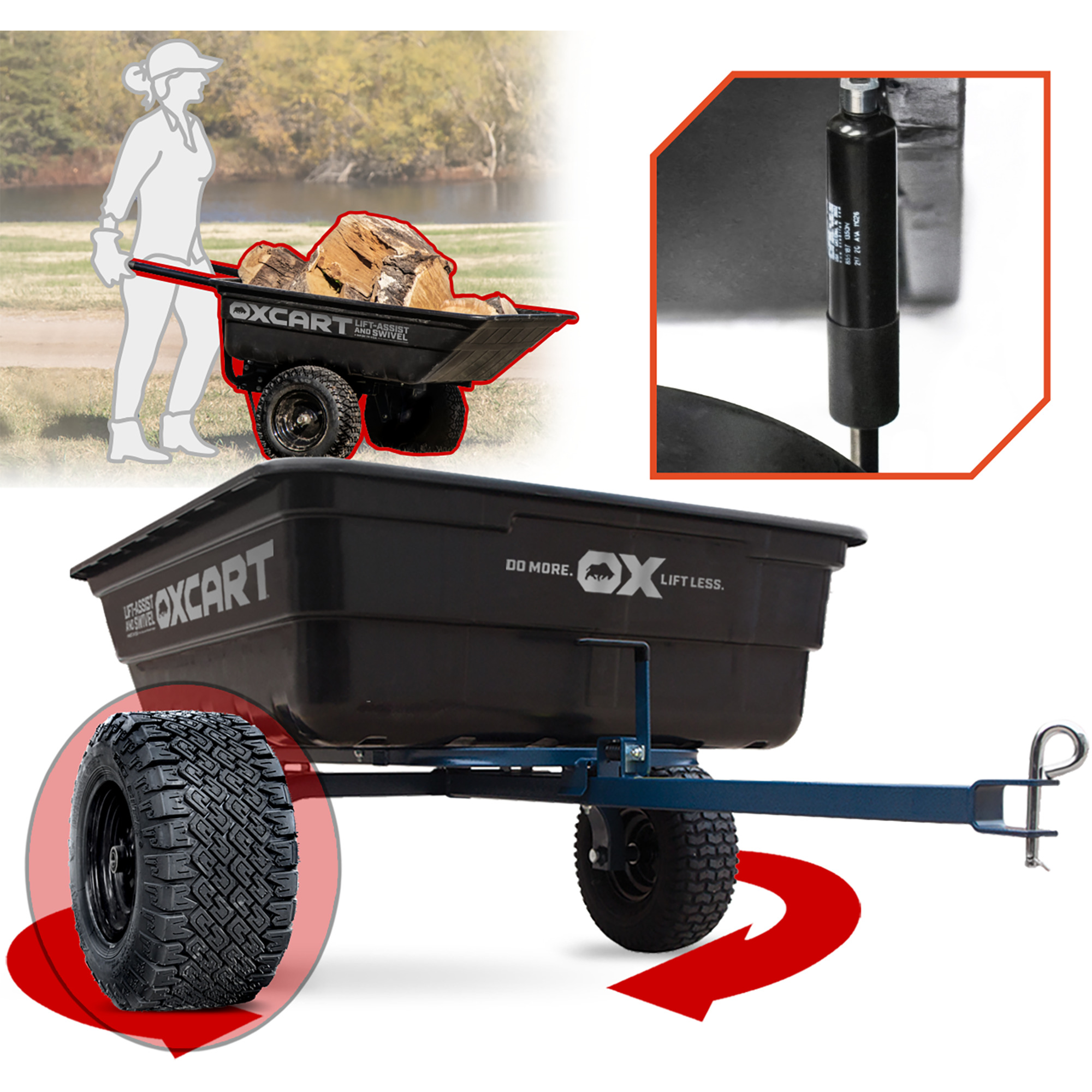 OxCart, 15cu Lift-Assist Swivel Cart ATV Grade MAG Tires, Total Capacity 1250 lb, Model GTMXH3L116A